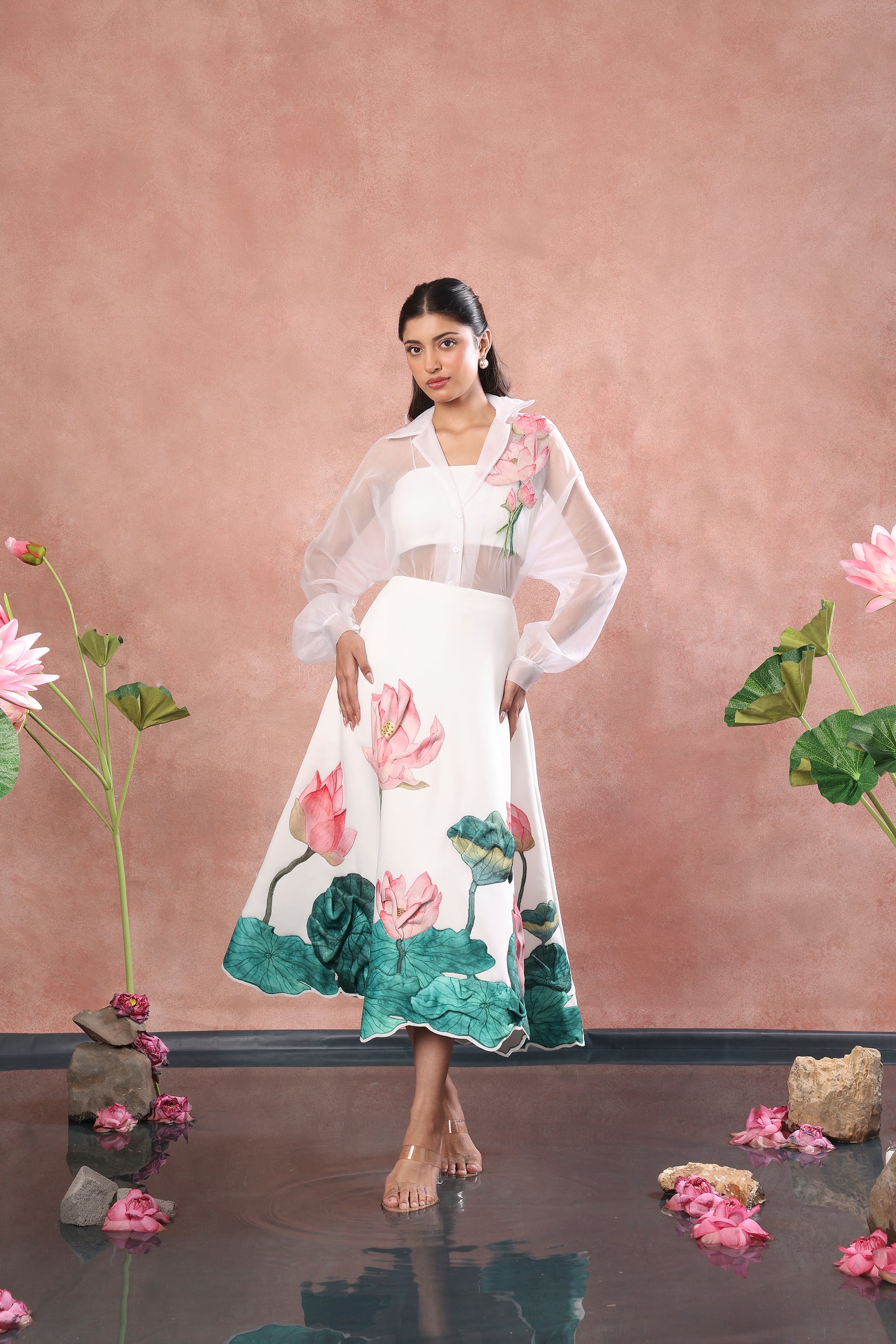 PRINTED SKIRT WITH TUBE TOP  WITH SHEER SHIRT