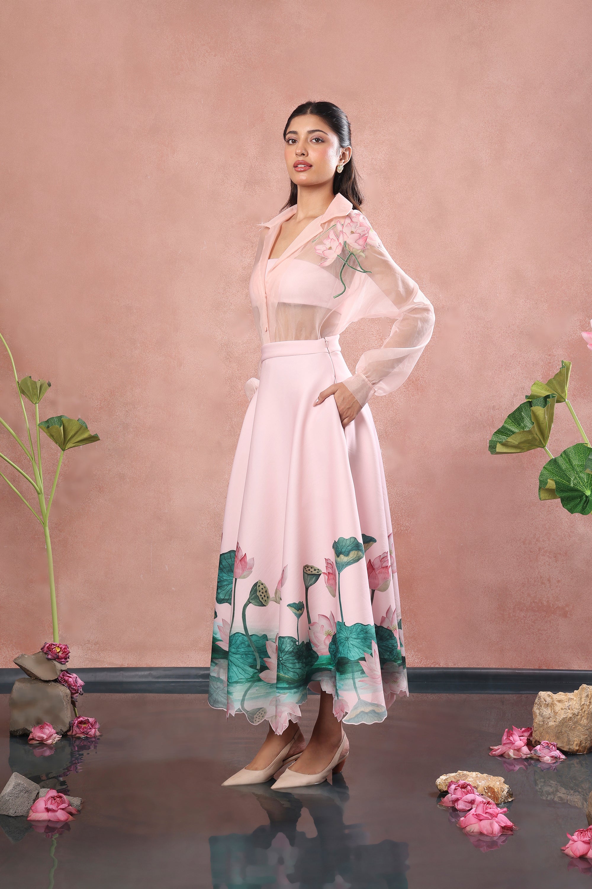 BLUSH PRINTED NEOPRENE SKIRT TOP WITH ORGANZA SHIRT