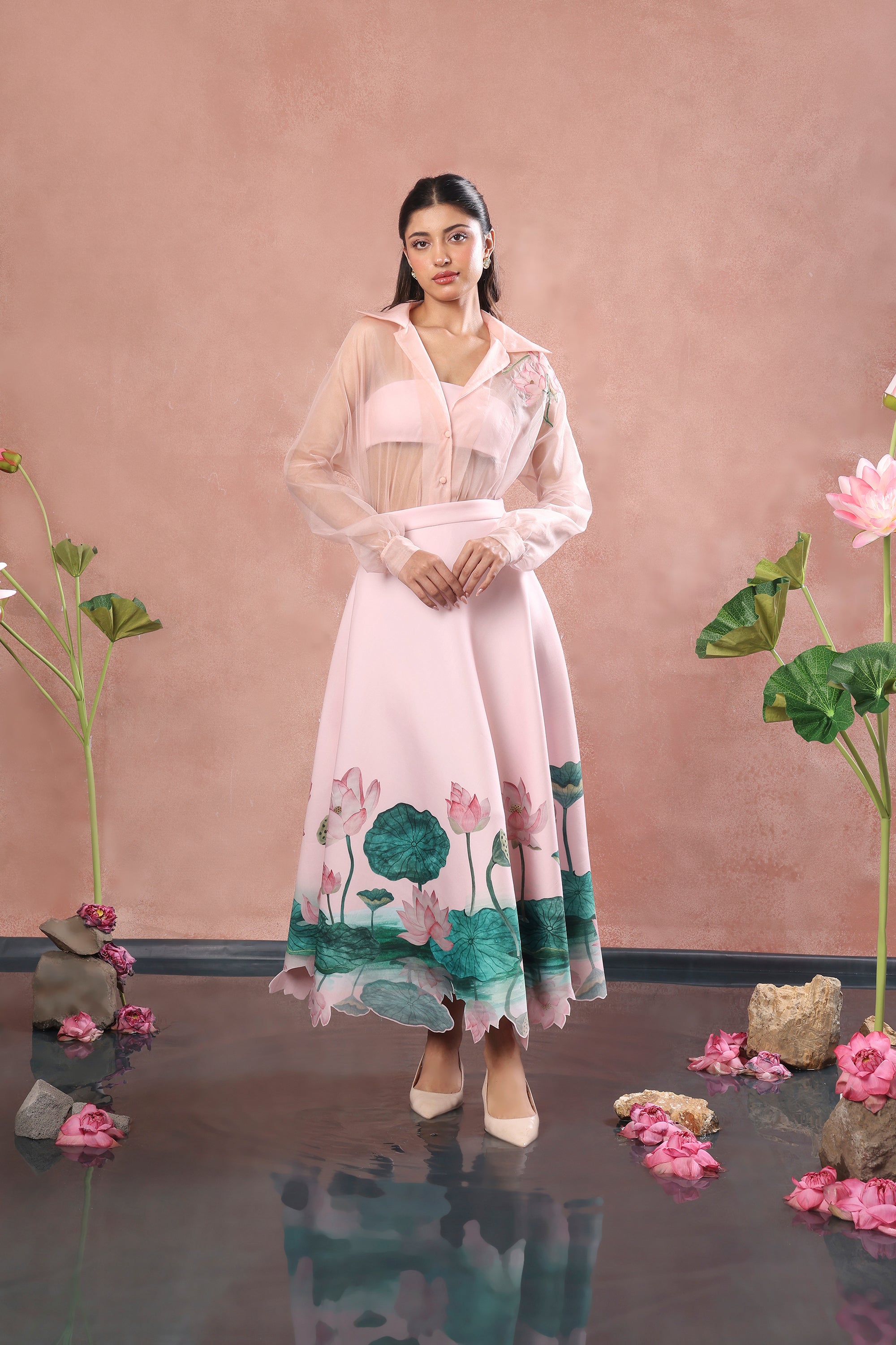 BLUSH PRINTED NEOPRENE SKIRT TOP WITH ORGANZA SHIRT