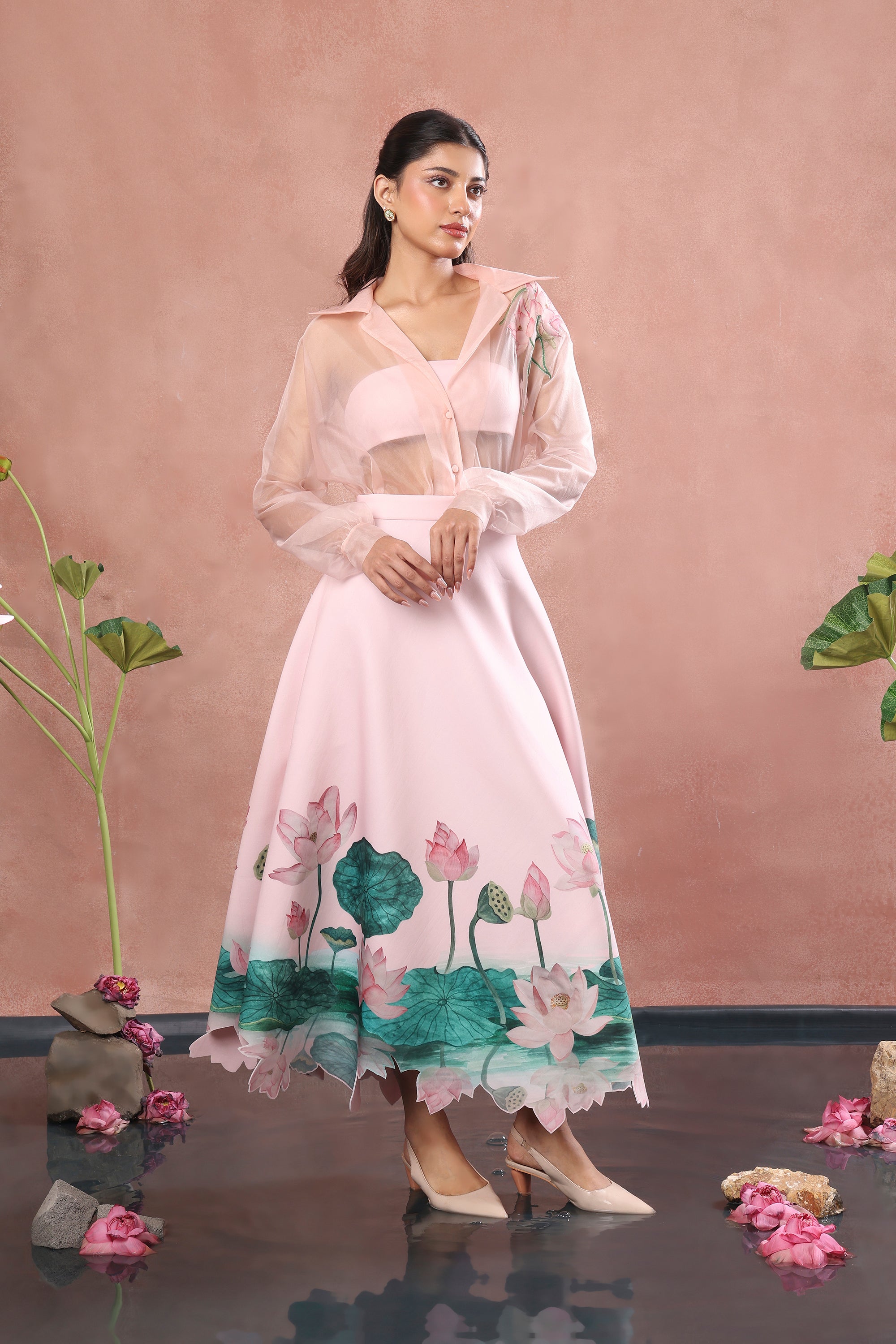 BLUSH PRINTED NEOPRENE SKIRT TOP WITH ORGANZA SHIRT