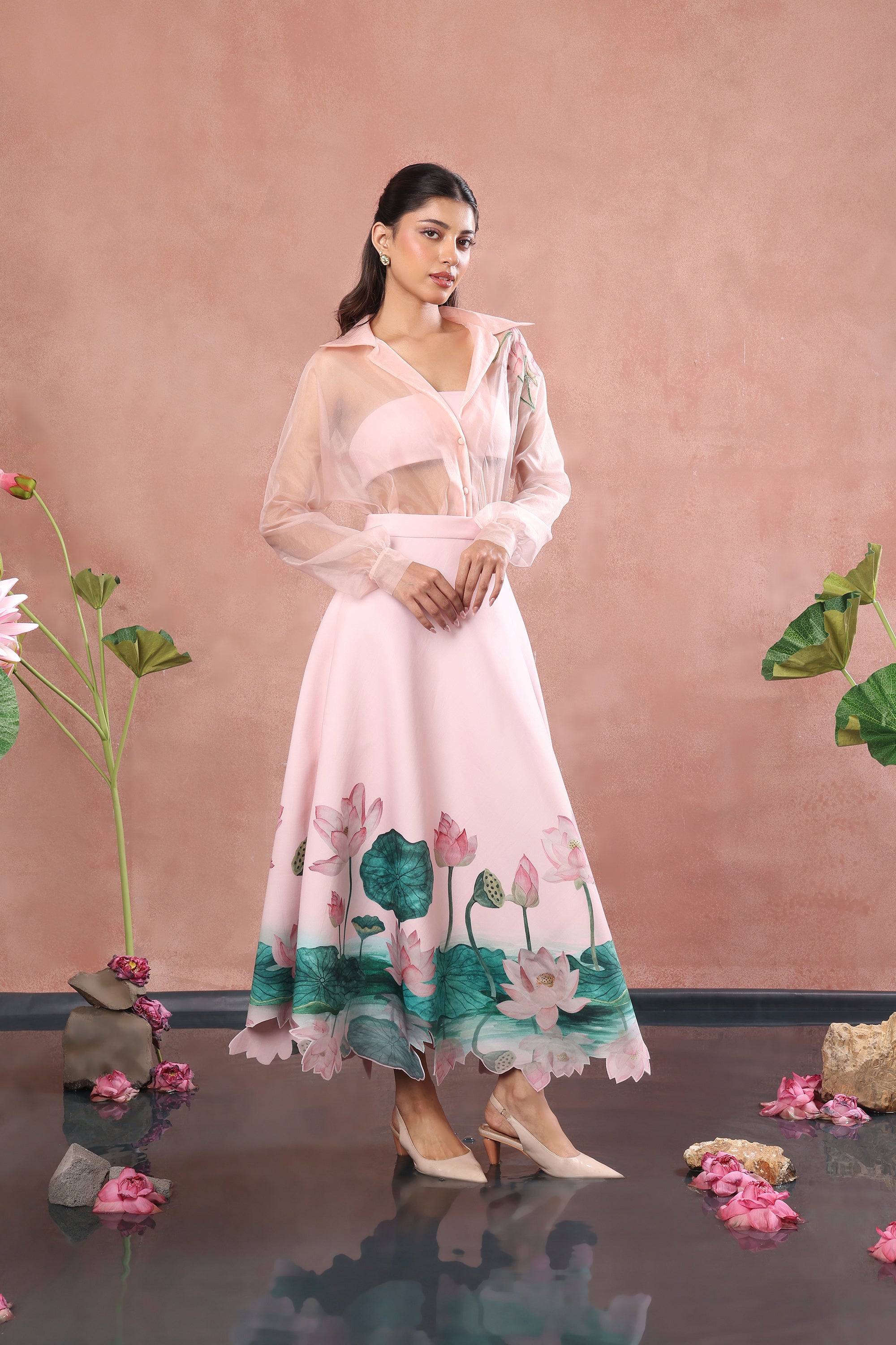 BLUSH PRINTED NEOPRENE SKIRT TOP WITH ORGANZA SHIRT