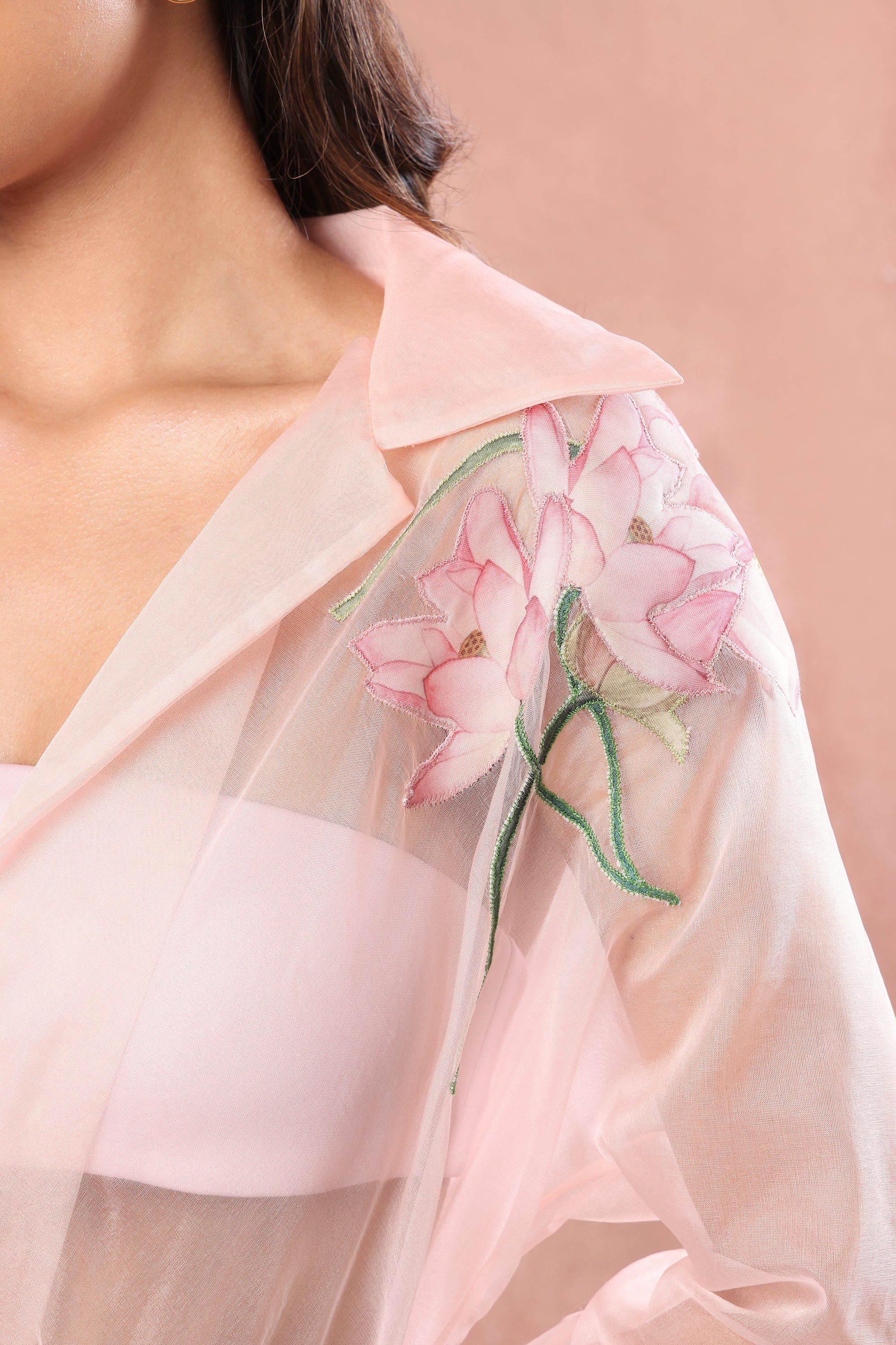 BLUSH PRINTED NEOPRENE SKIRT TOP WITH ORGANZA SHIRT