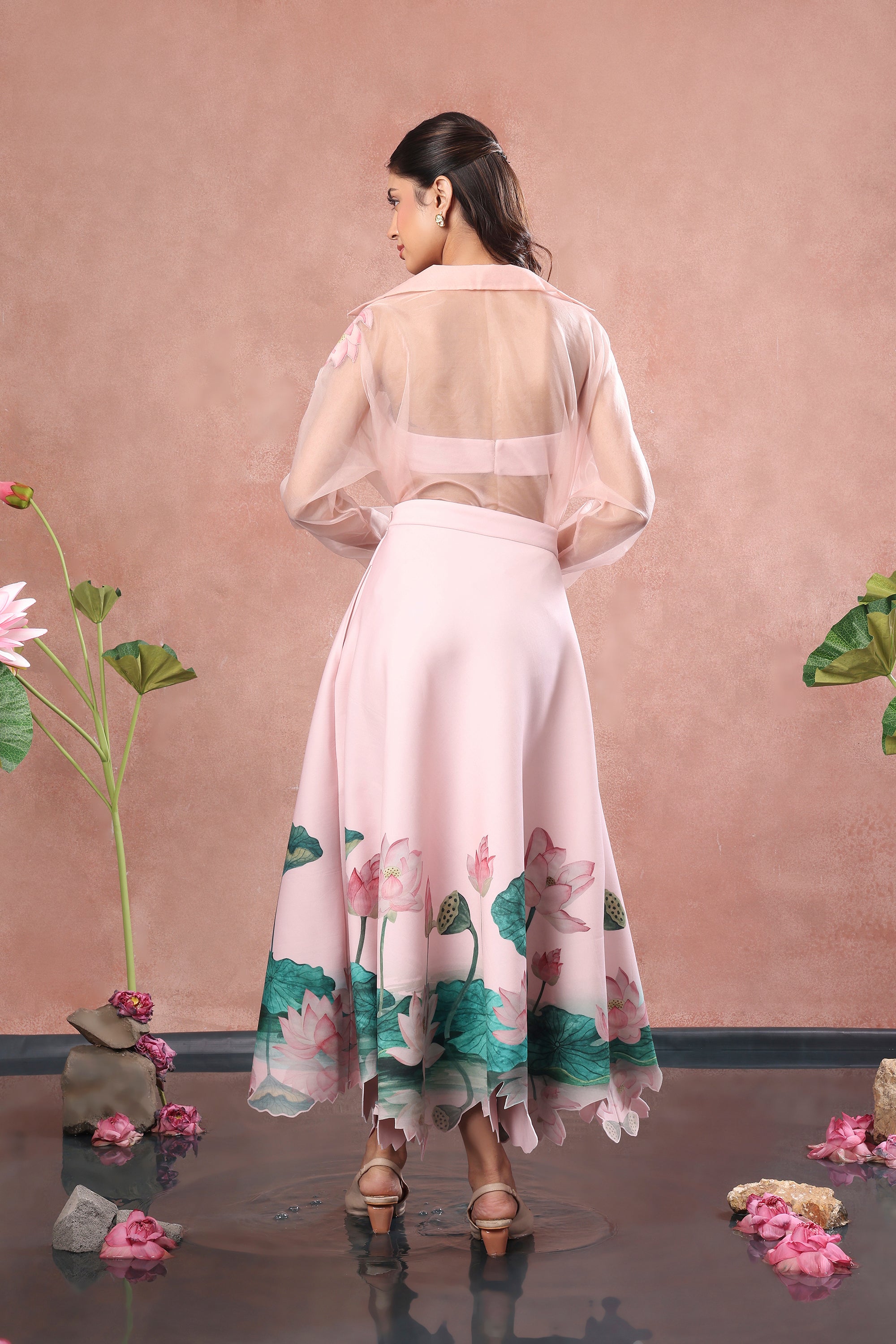 BLUSH PRINTED NEOPRENE SKIRT TOP WITH ORGANZA SHIRT