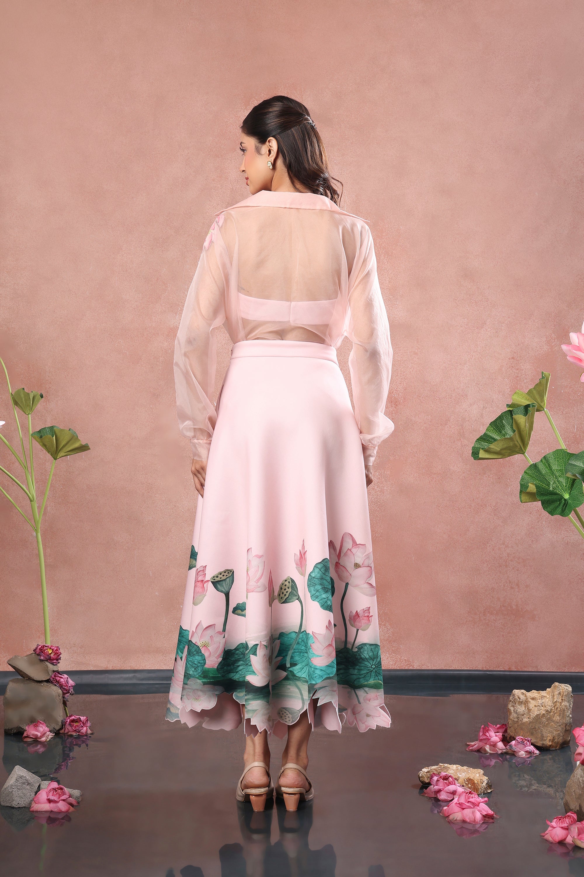 BLUSH PRINTED NEOPRENE SKIRT TOP WITH ORGANZA SHIRT