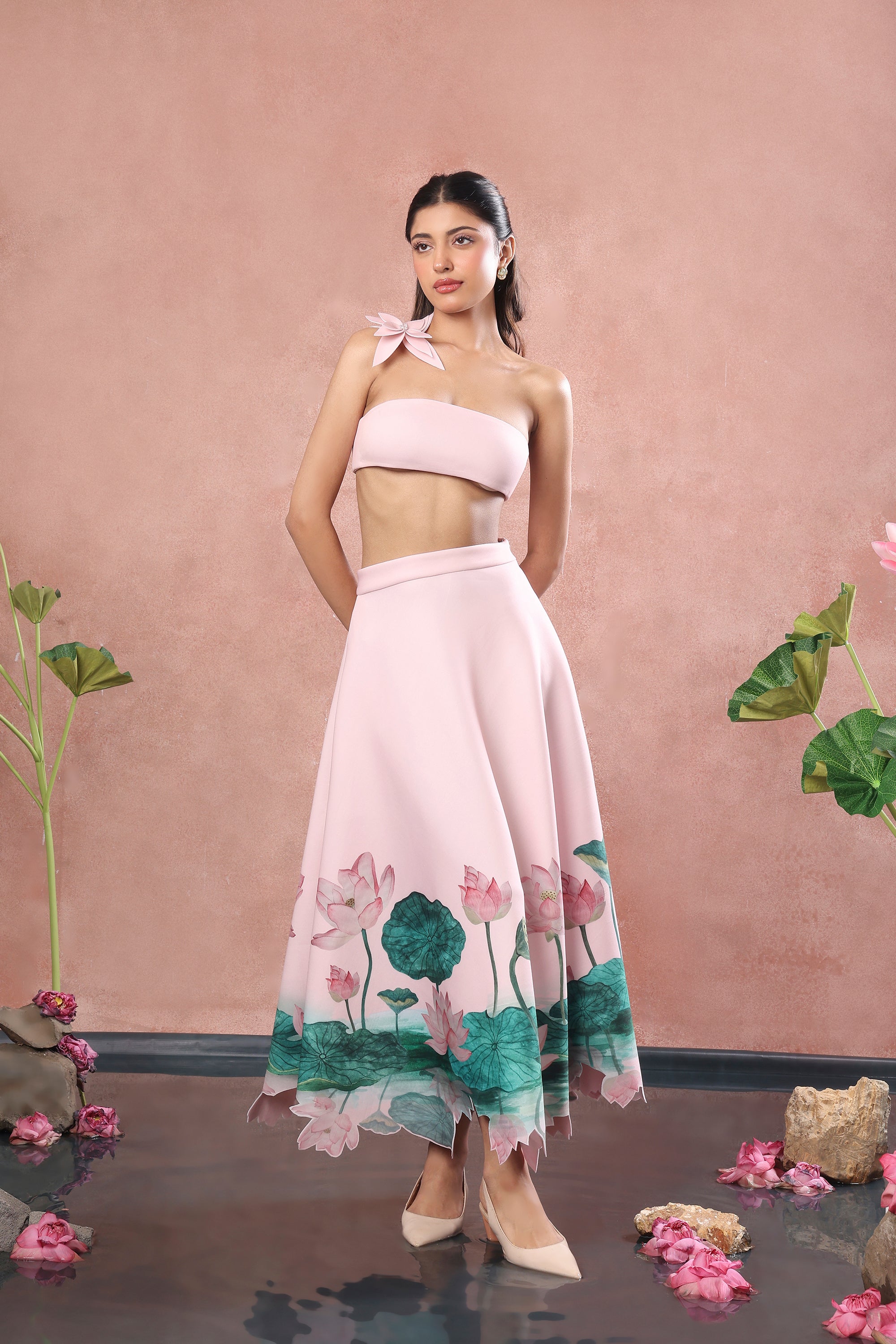 BLUSH PRINTED NEOPRENE SKIRT TOP WITH ORGANZA SHIRT