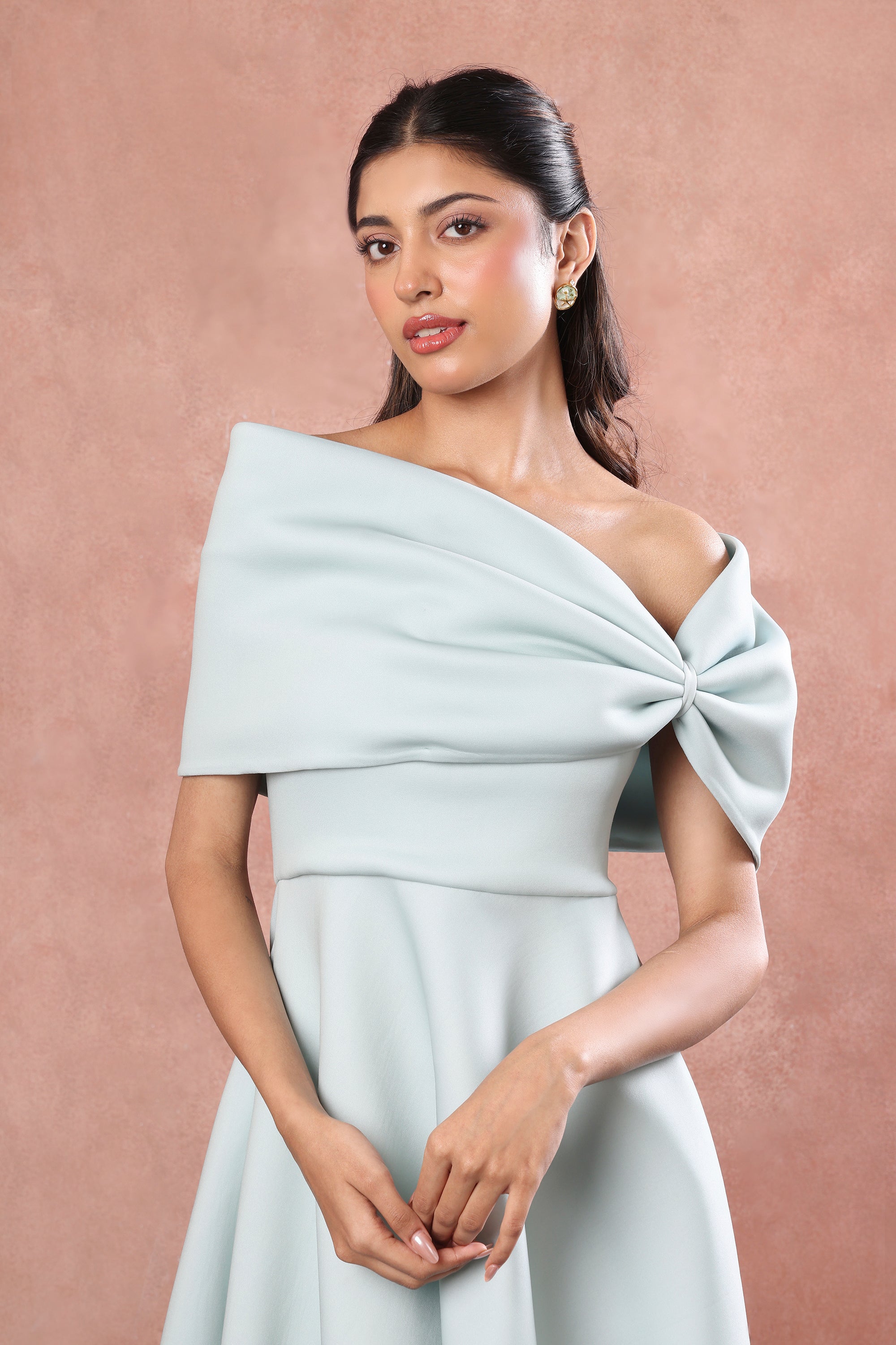 GREEN FLARED PRINTED DRESS WITH BOW WRAP