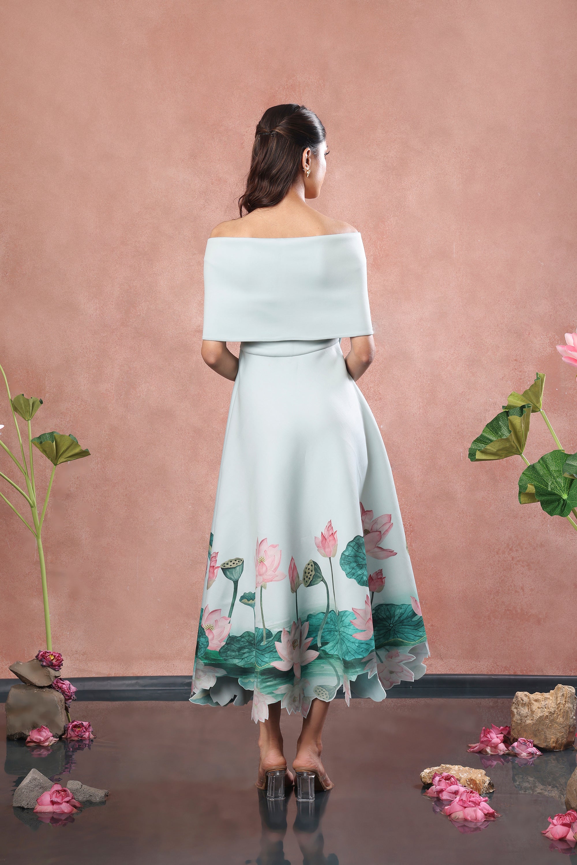 GREEN FLARED PRINTED DRESS WITH BOW WRAP