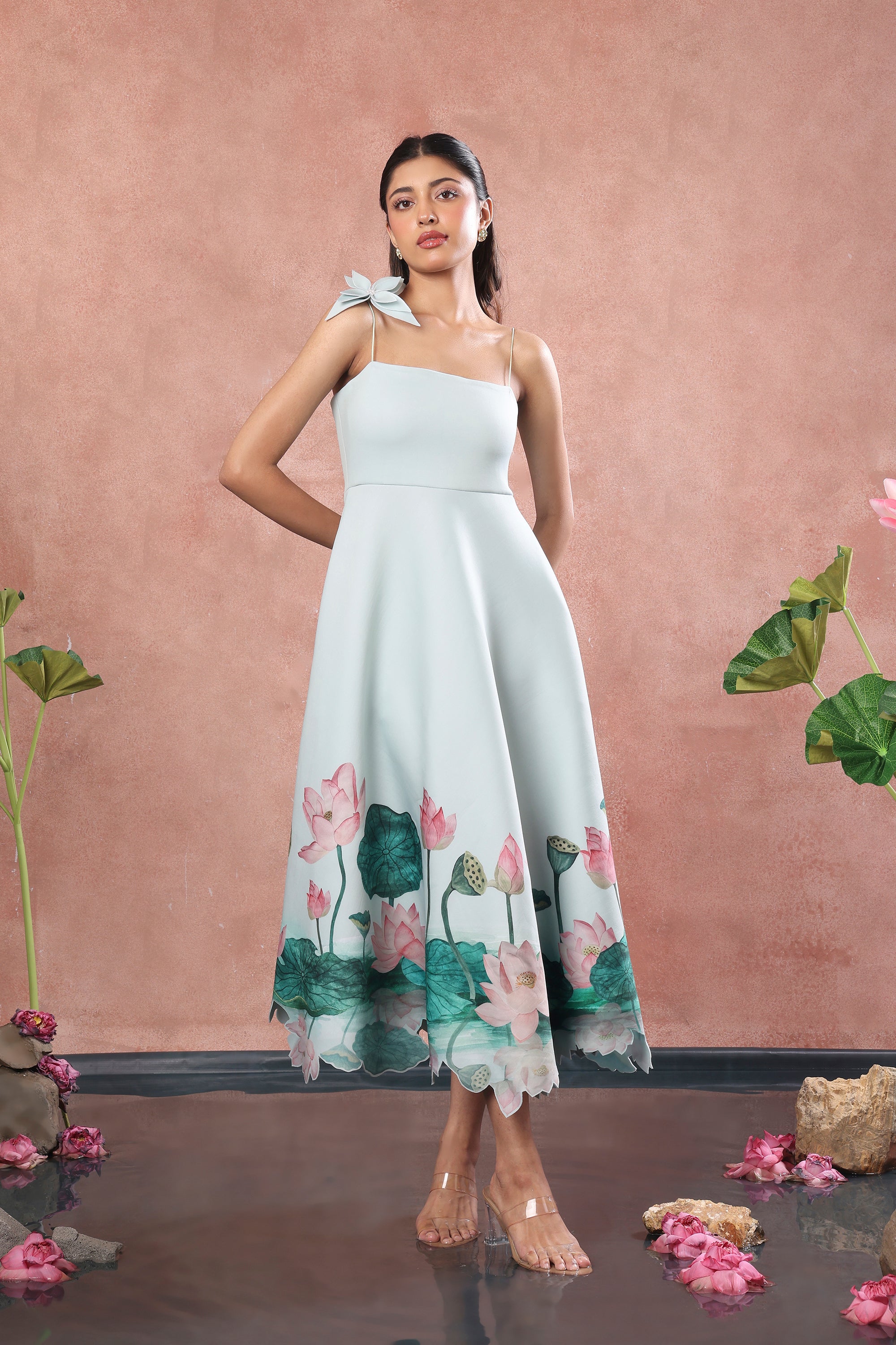 GREEN FLARED PRINTED DRESS WITH FLOWER
