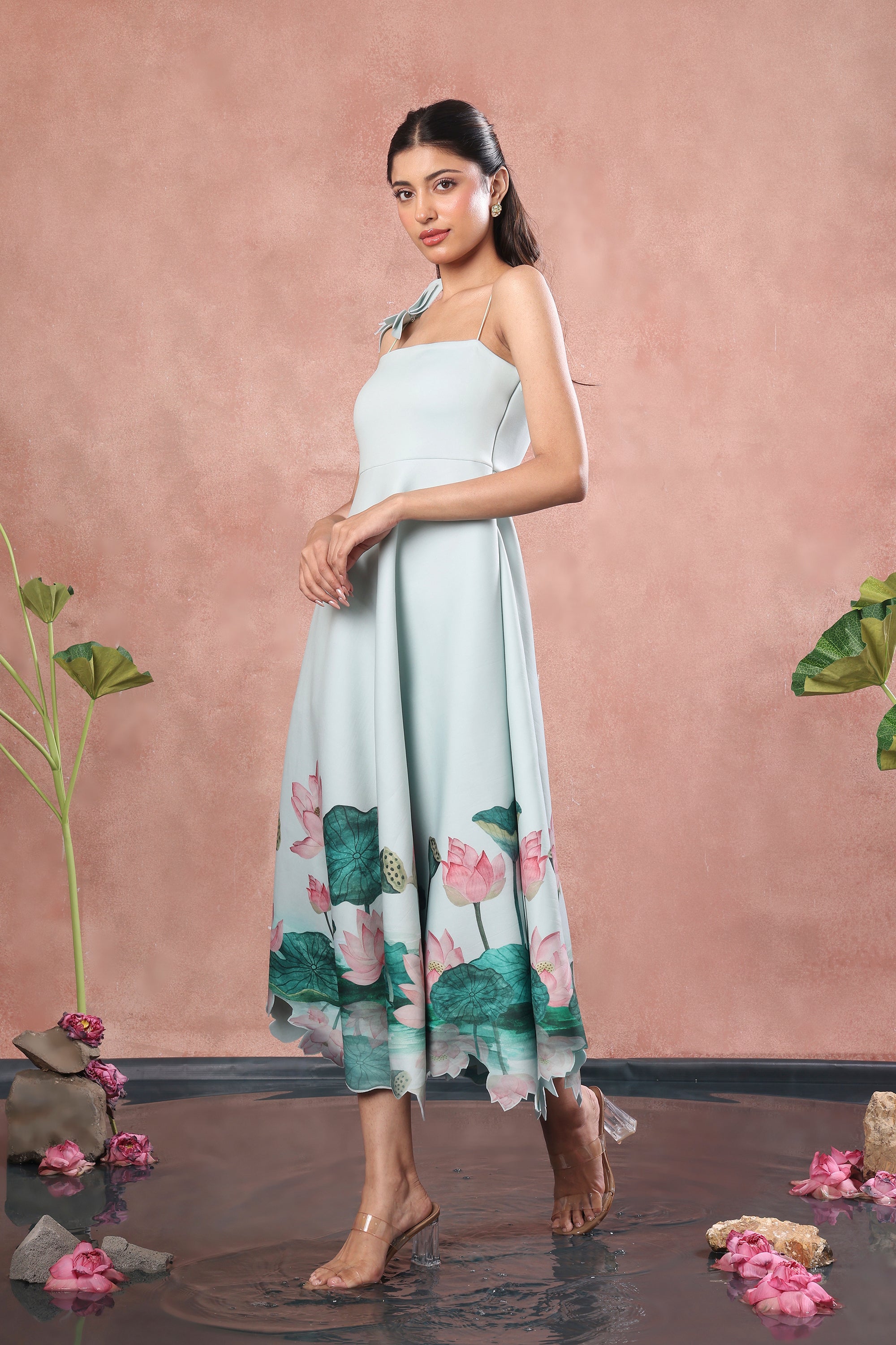 GREEN FLARED PRINTED DRESS WITH FLOWER