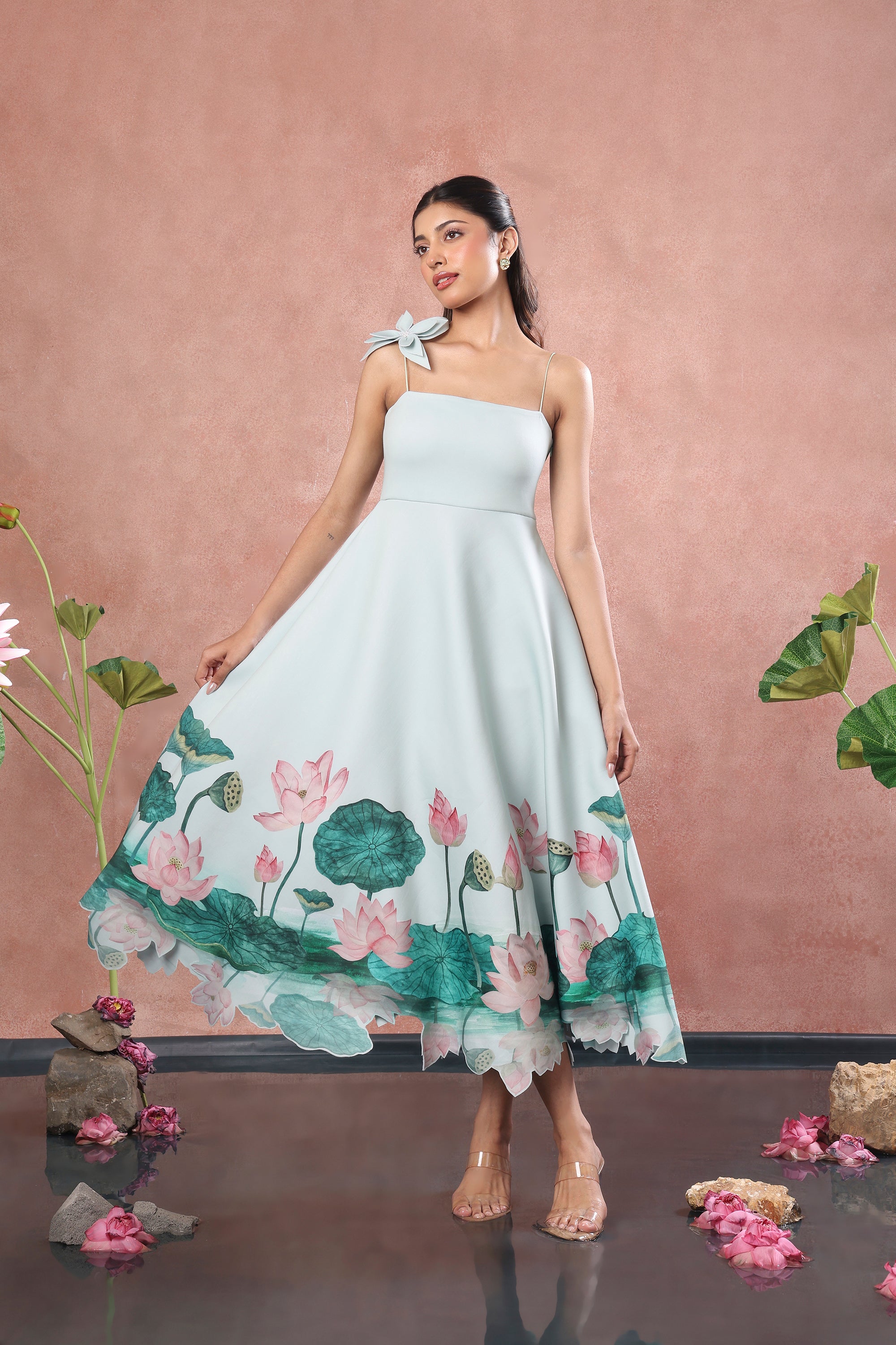 GREEN FLARED PRINTED DRESS WITH FLOWER