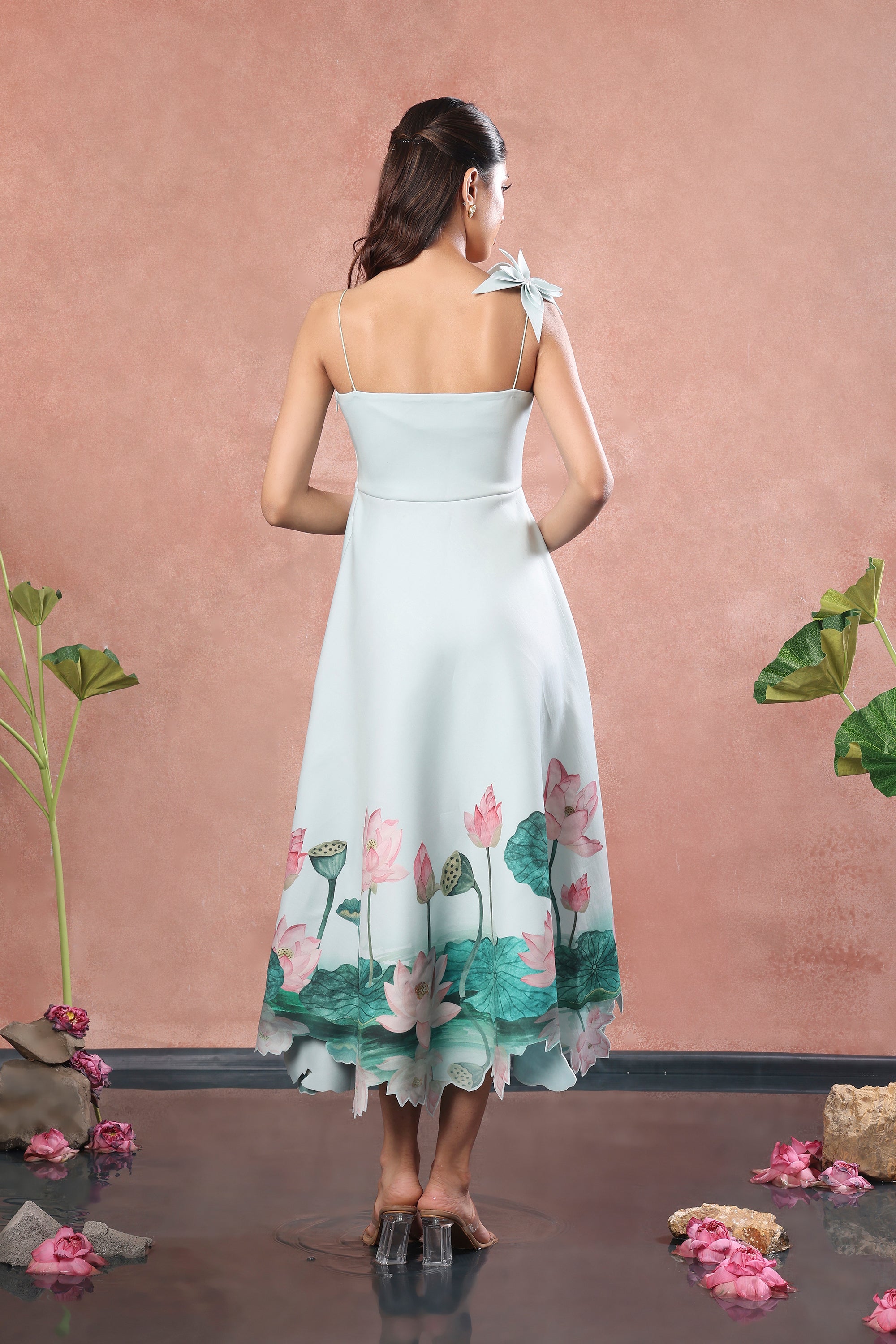 GREEN FLARED PRINTED DRESS WITH FLOWER