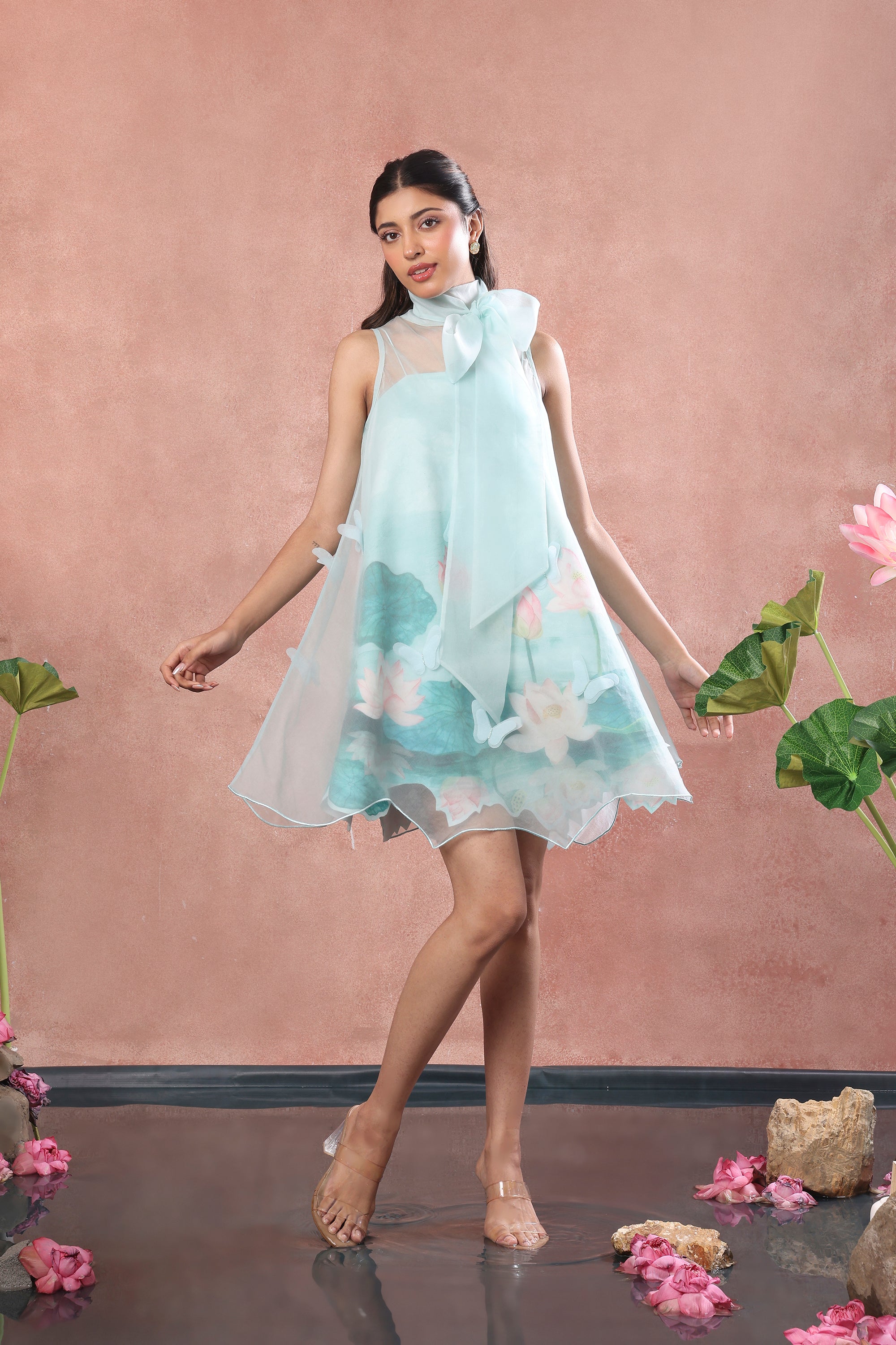 SHORT PRINTED DRESS WITH ORGANZA OVERLAY