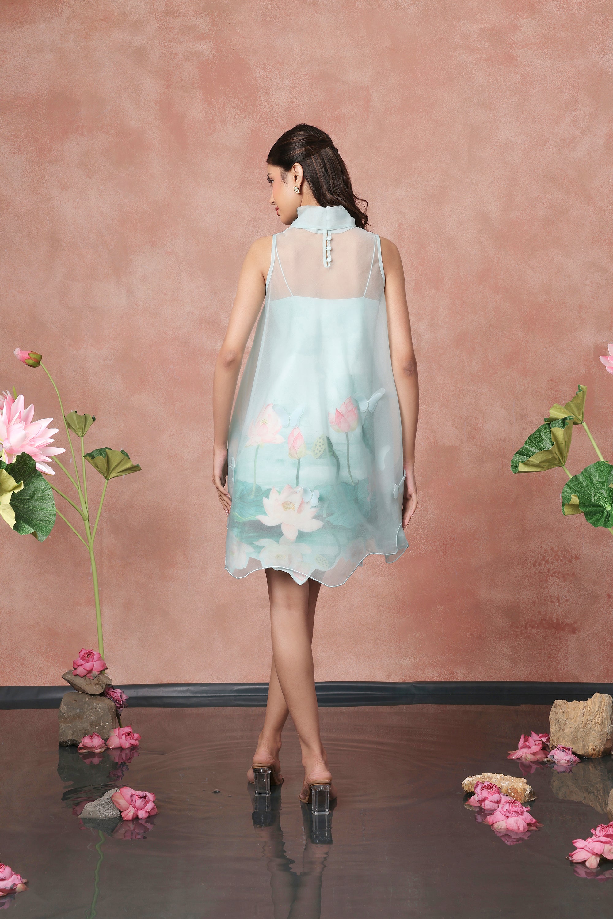 SHORT PRINTED DRESS WITH ORGANZA OVERLAY