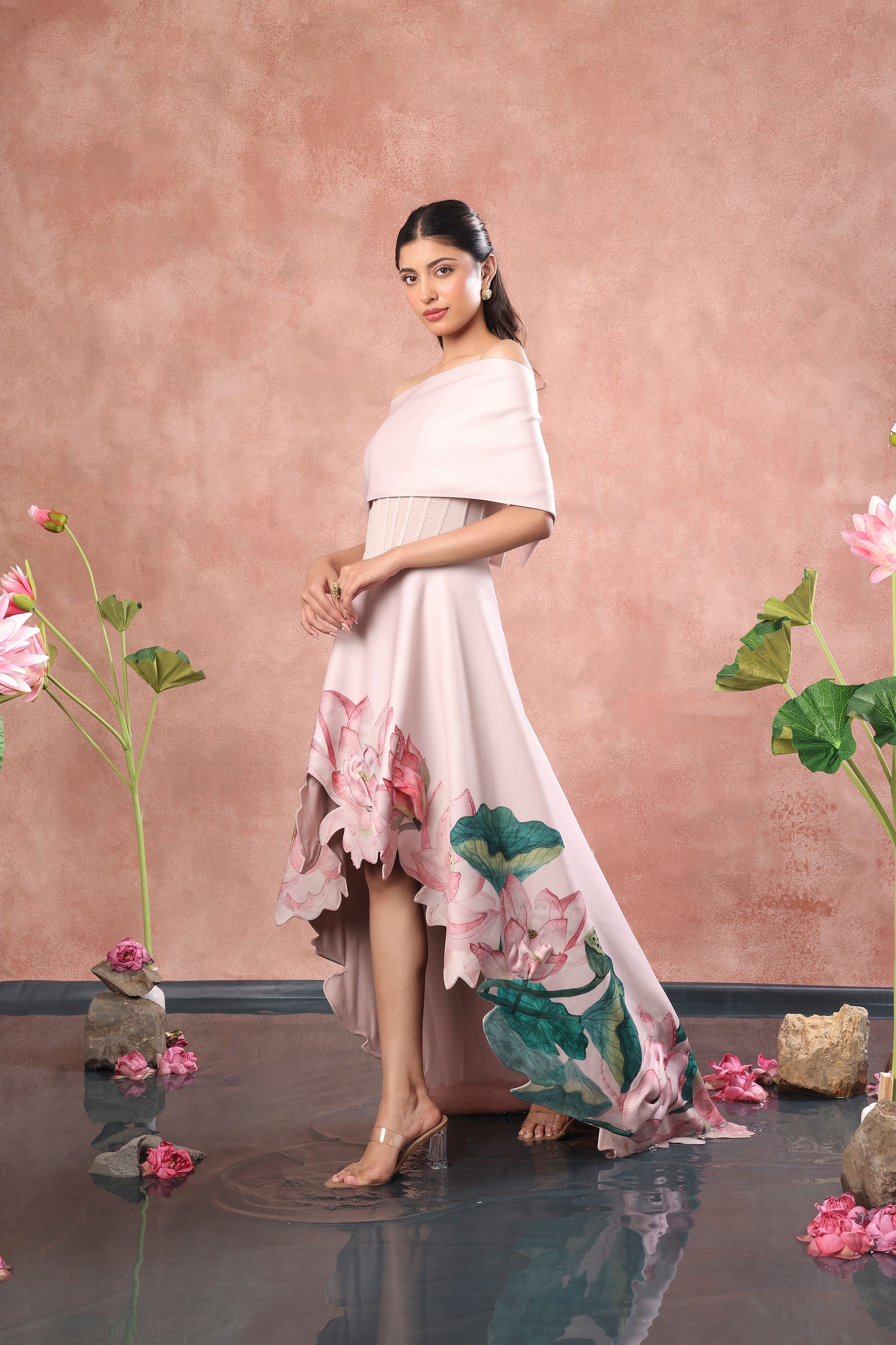 BLUSH FLARED PRINTED DRESS WITH BOW WRAP