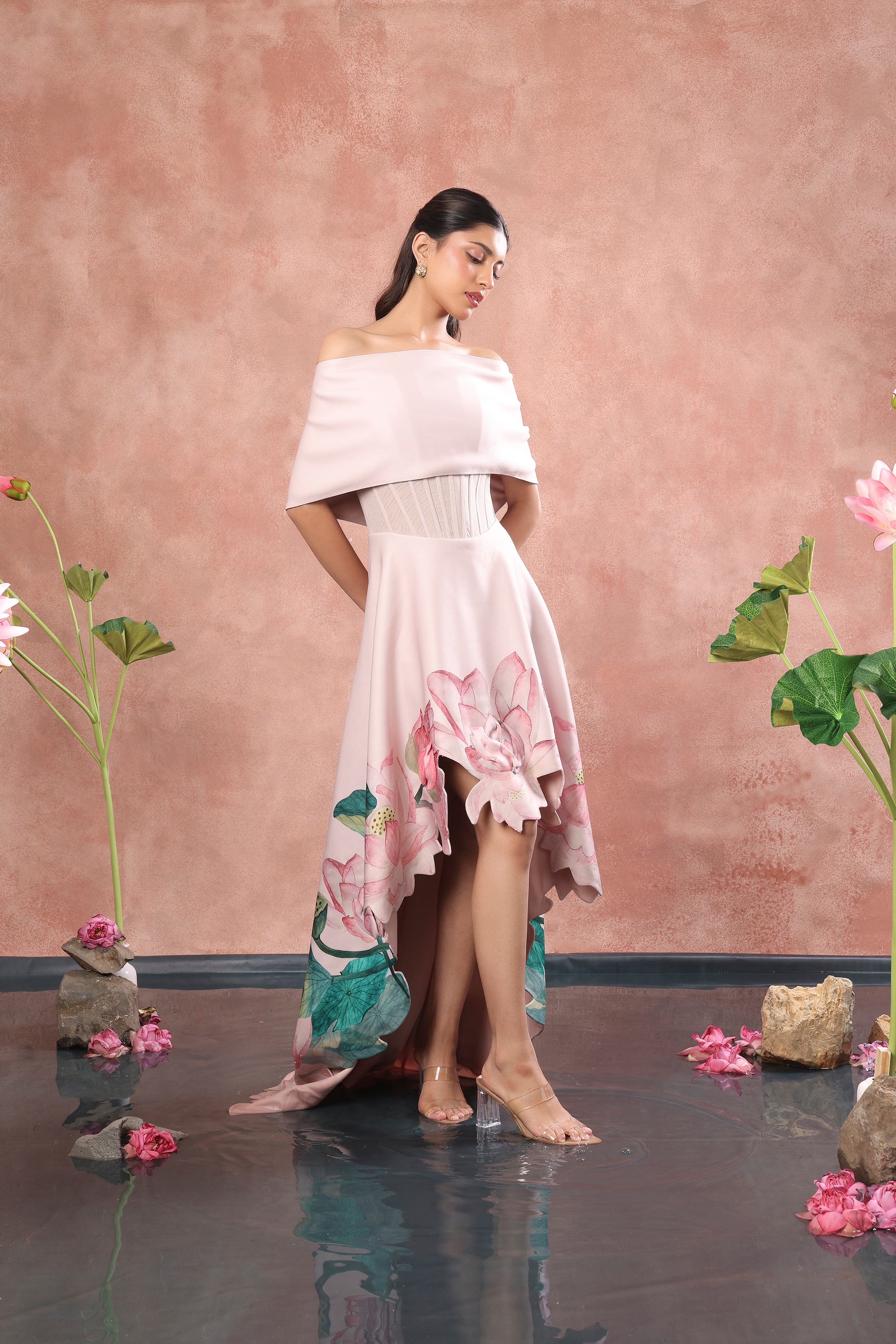 CORSET PRINTED HIGH LOW NEOPRENE DRESS WITH WRAP