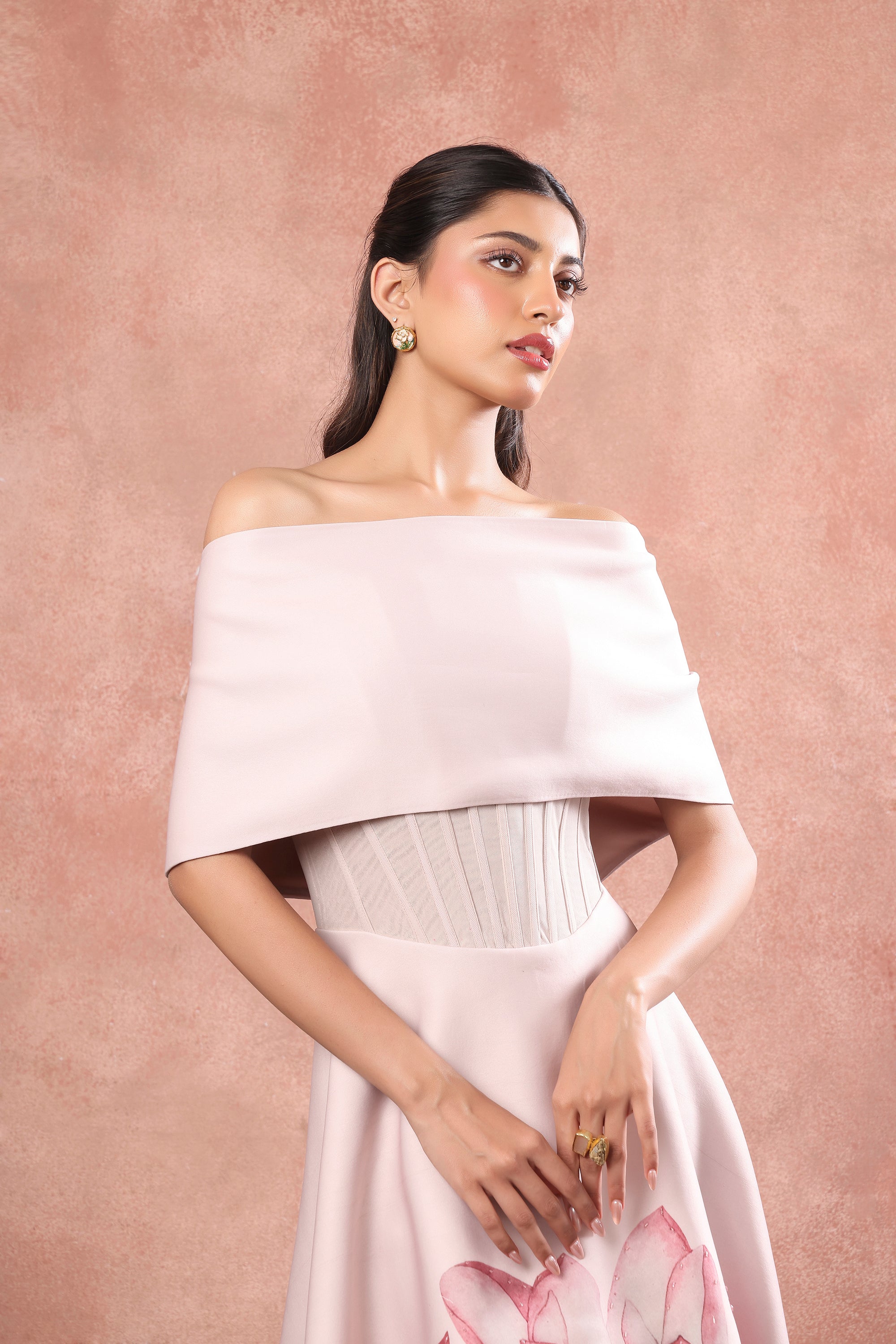 BLUSH FLARED PRINTED DRESS WITH BOW WRAP