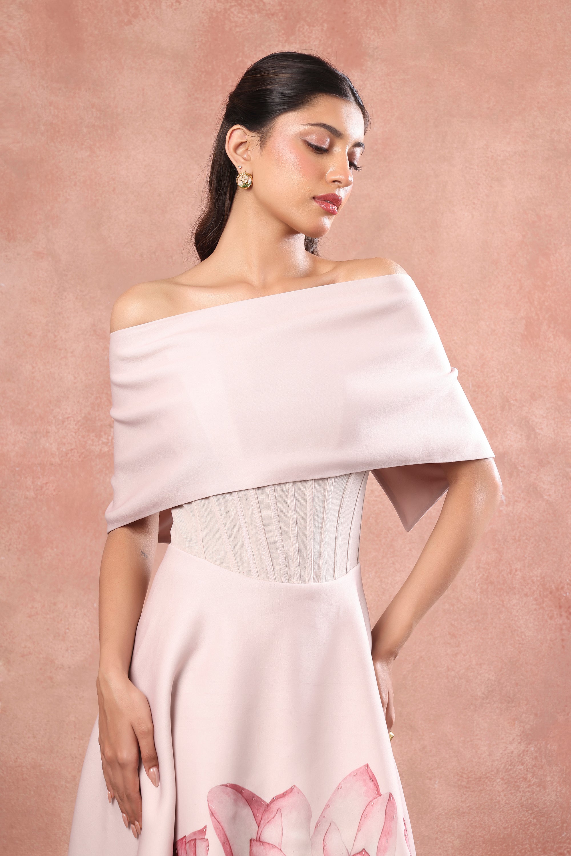 BLUSH FLARED PRINTED DRESS WITH BOW WRAP