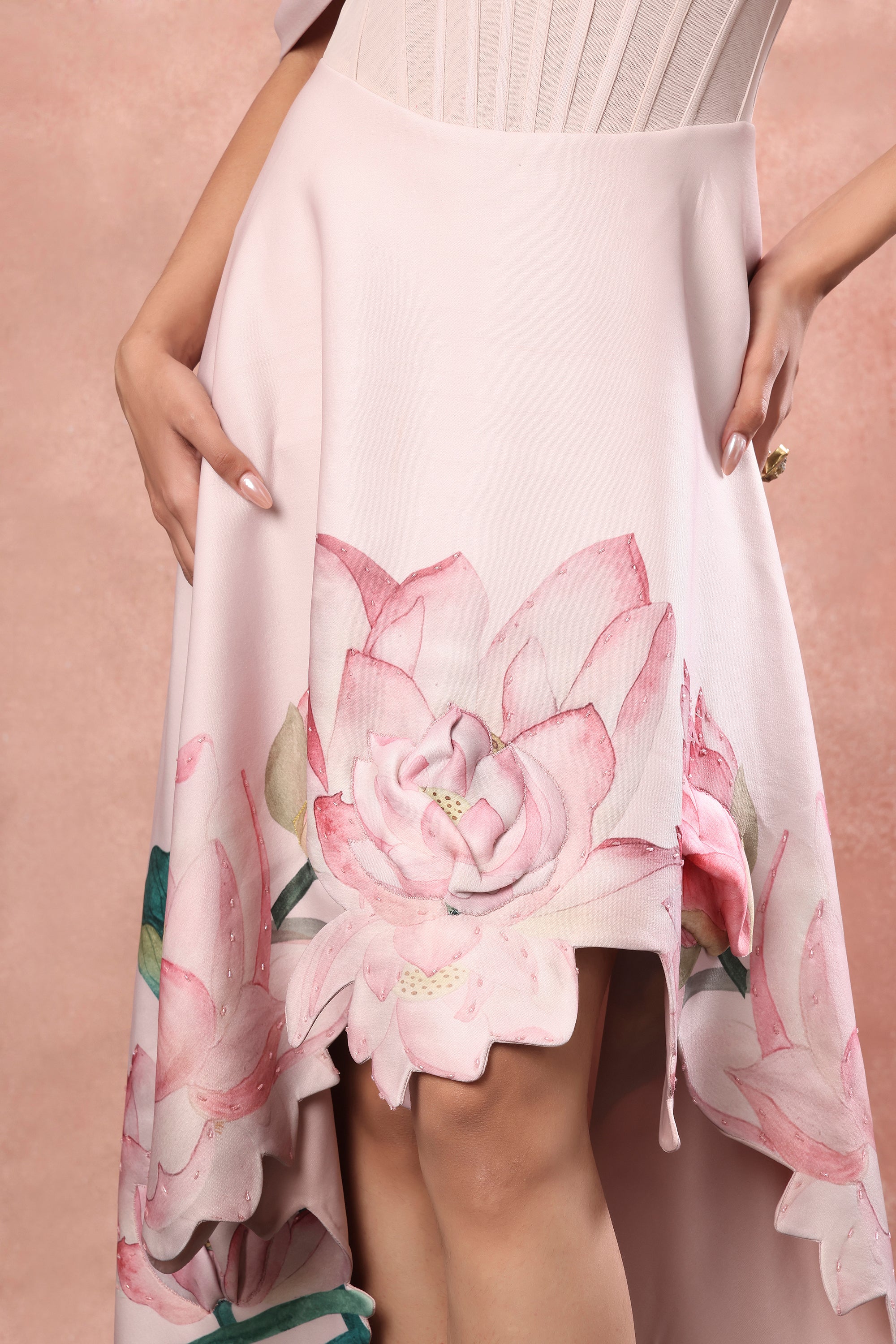 BLUSH FLARED PRINTED DRESS WITH BOW WRAP