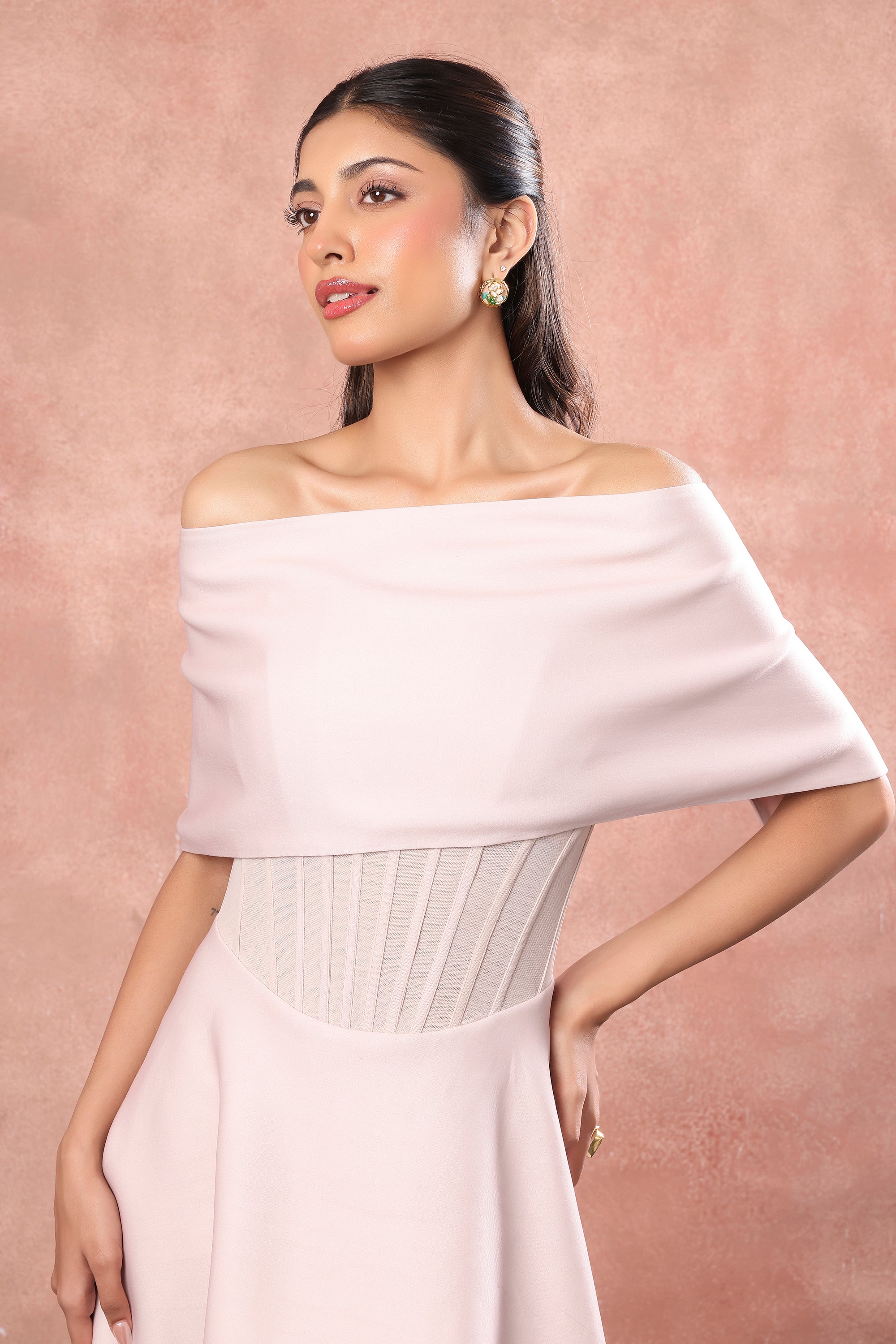 CORSET PRINTED HIGH LOW NEOPRENE DRESS WITH WRAP