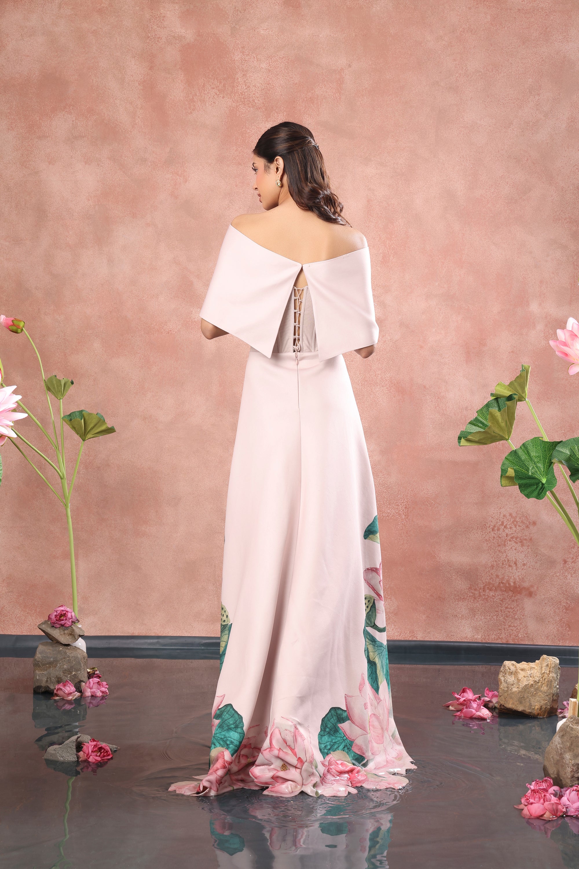 BLUSH FLARED PRINTED DRESS WITH BOW WRAP