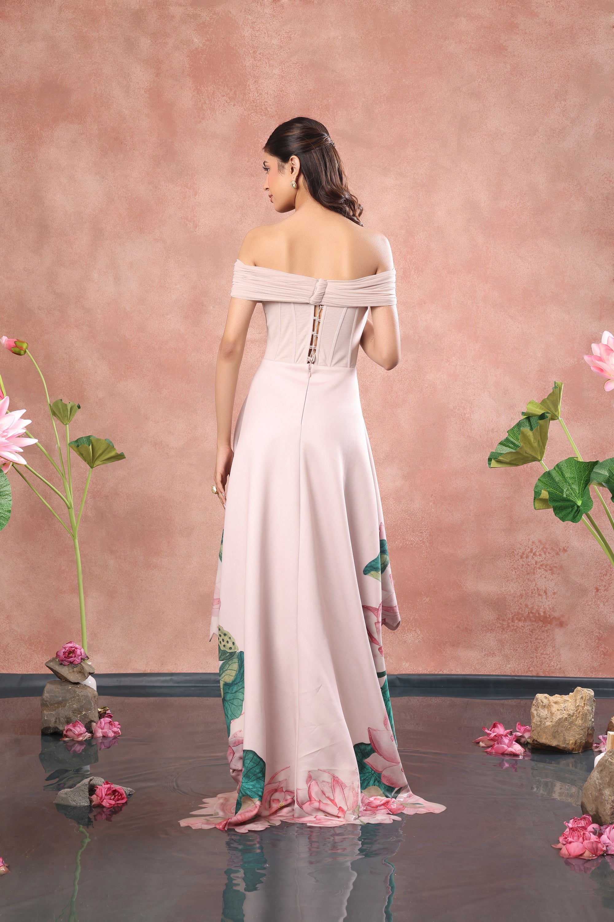 CORSET PRINTED HIGH LOW NEOPRENE DRESS WITH WRAP