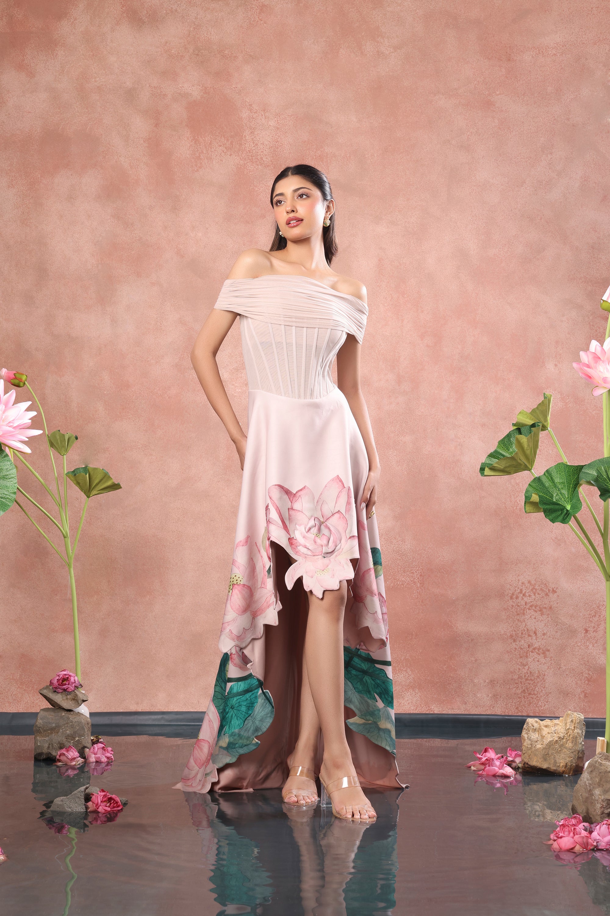 CORSET PRINTED HIGH LOW NEOPRENE DRESS WITH NET WRAP