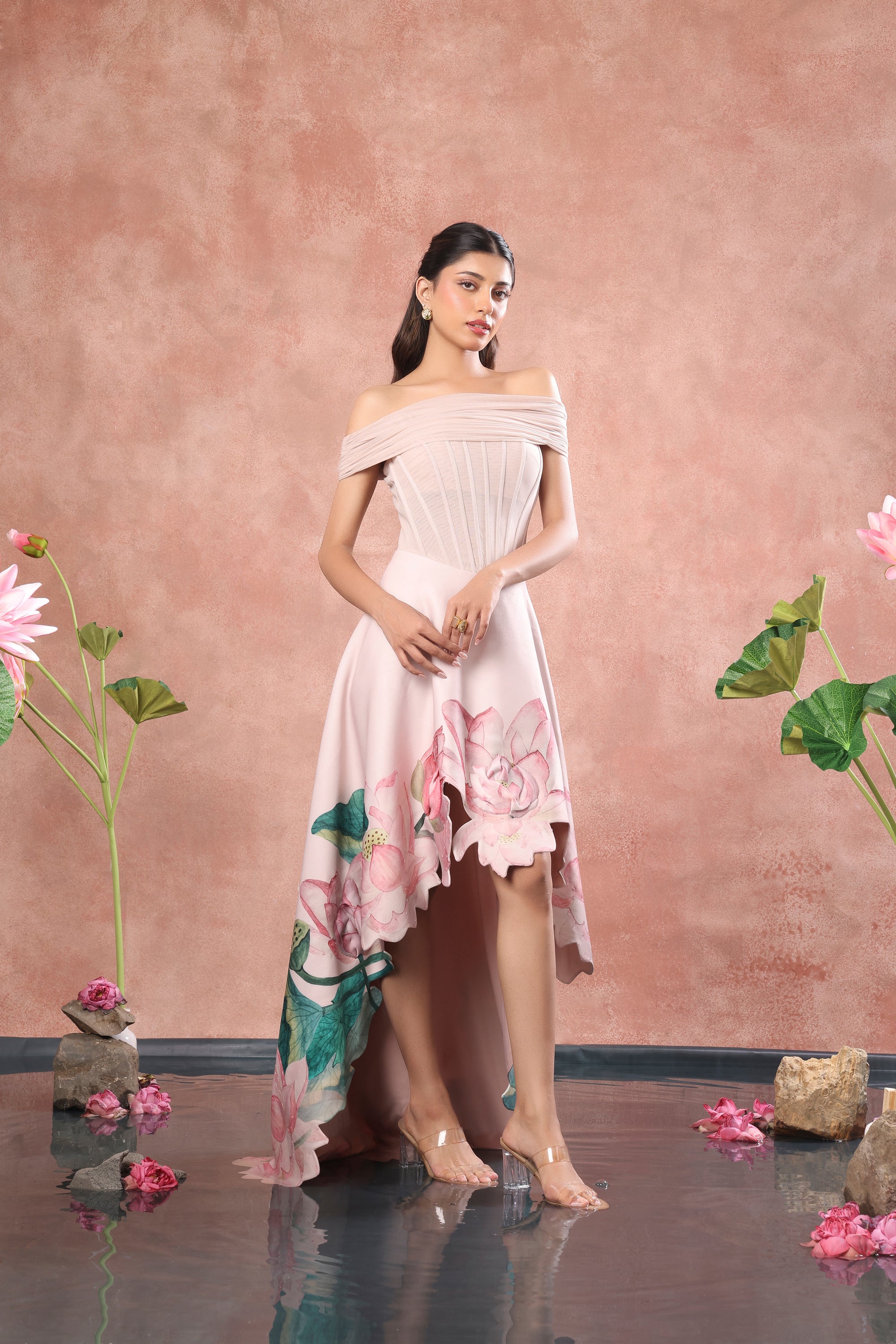 CORSET PRINTED HIGH LOW NEOPRENE DRESS WITH NET WRAP