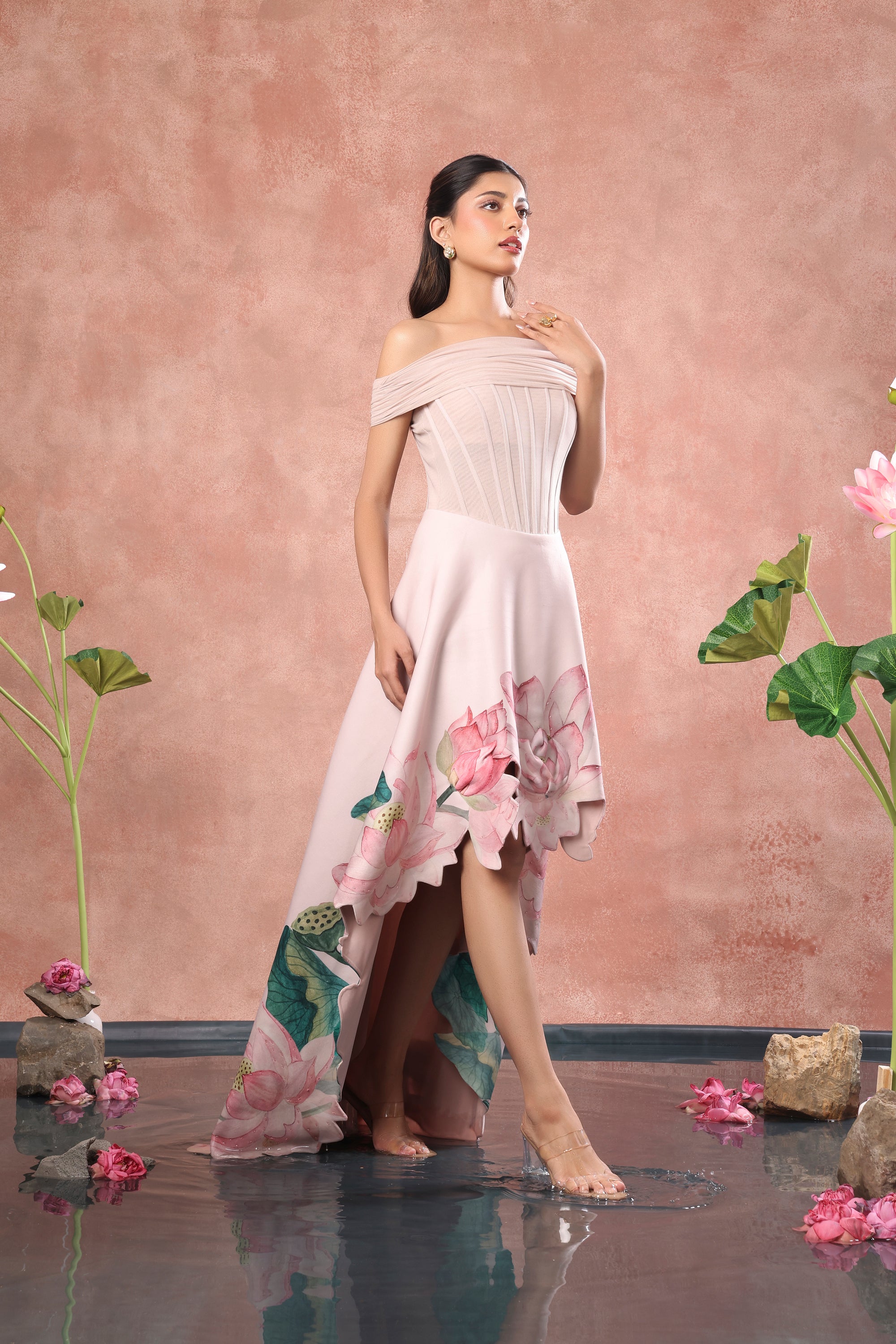 CORSET PRINTED HIGH LOW NEOPRENE DRESS WITH WRAP