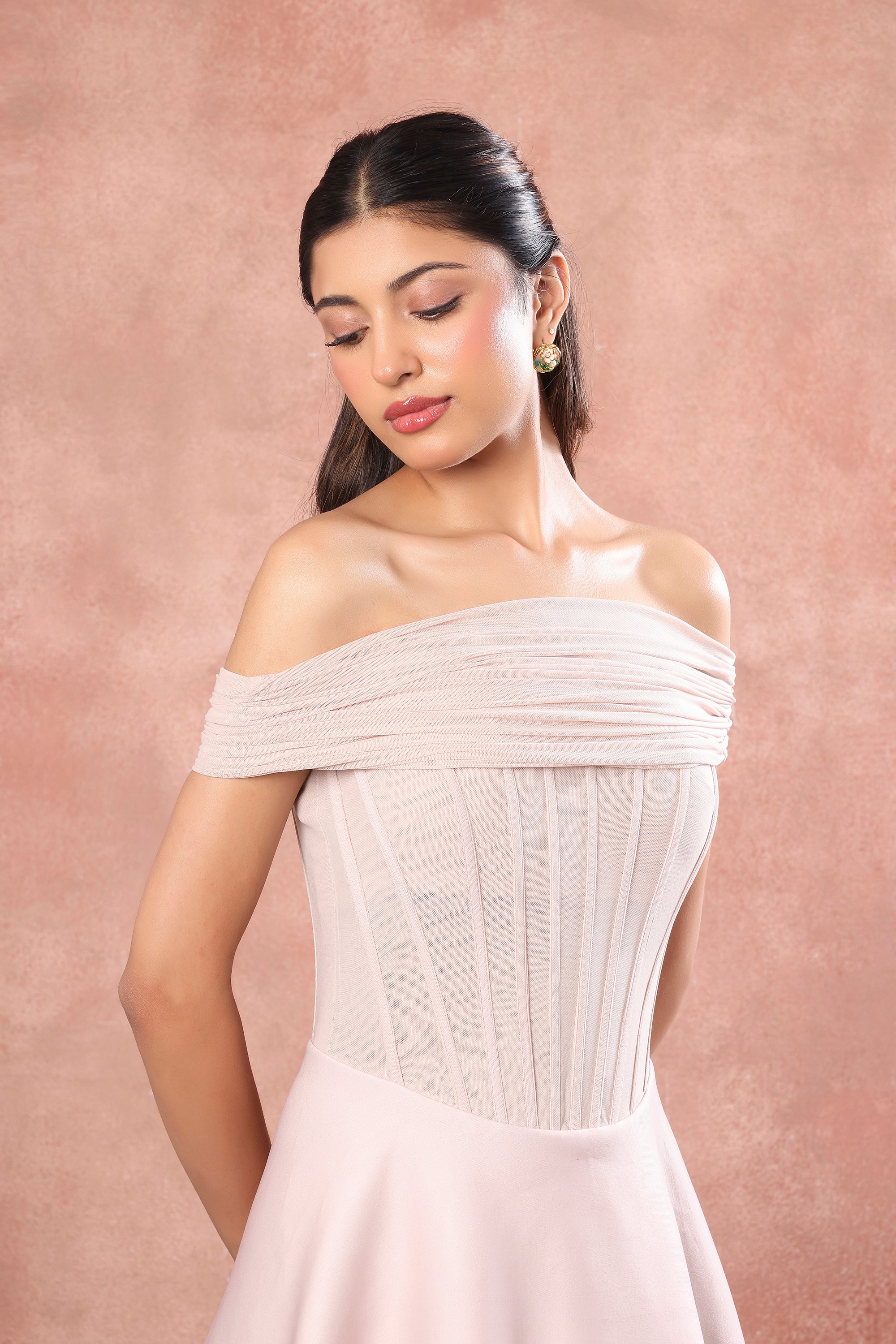 CORSET PRINTED HIGH LOW NEOPRENE DRESS WITH NET WRAP