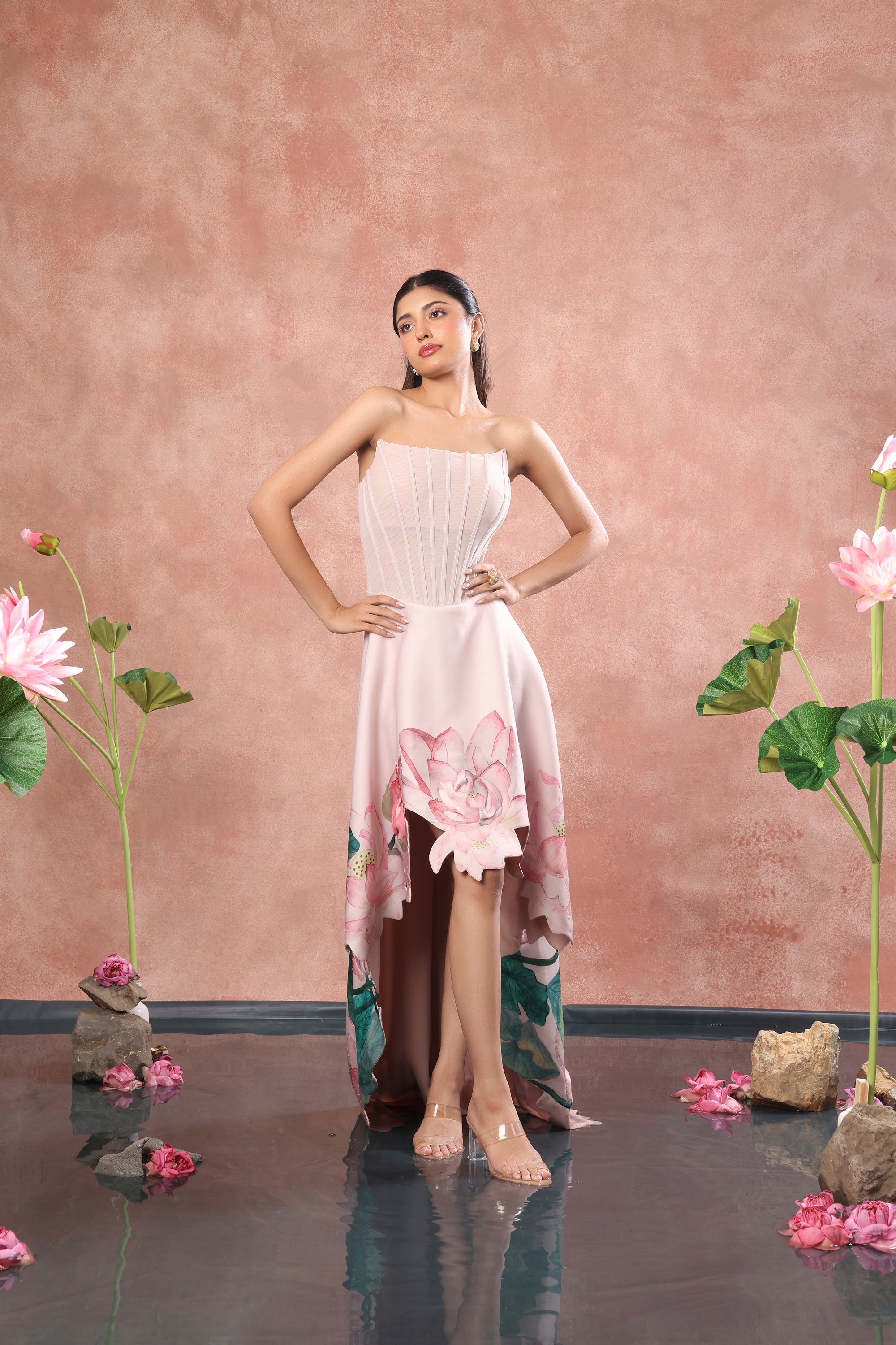 CORSET PRINTED HIGH LOW NEOPRENE DRESS WITH WRAP