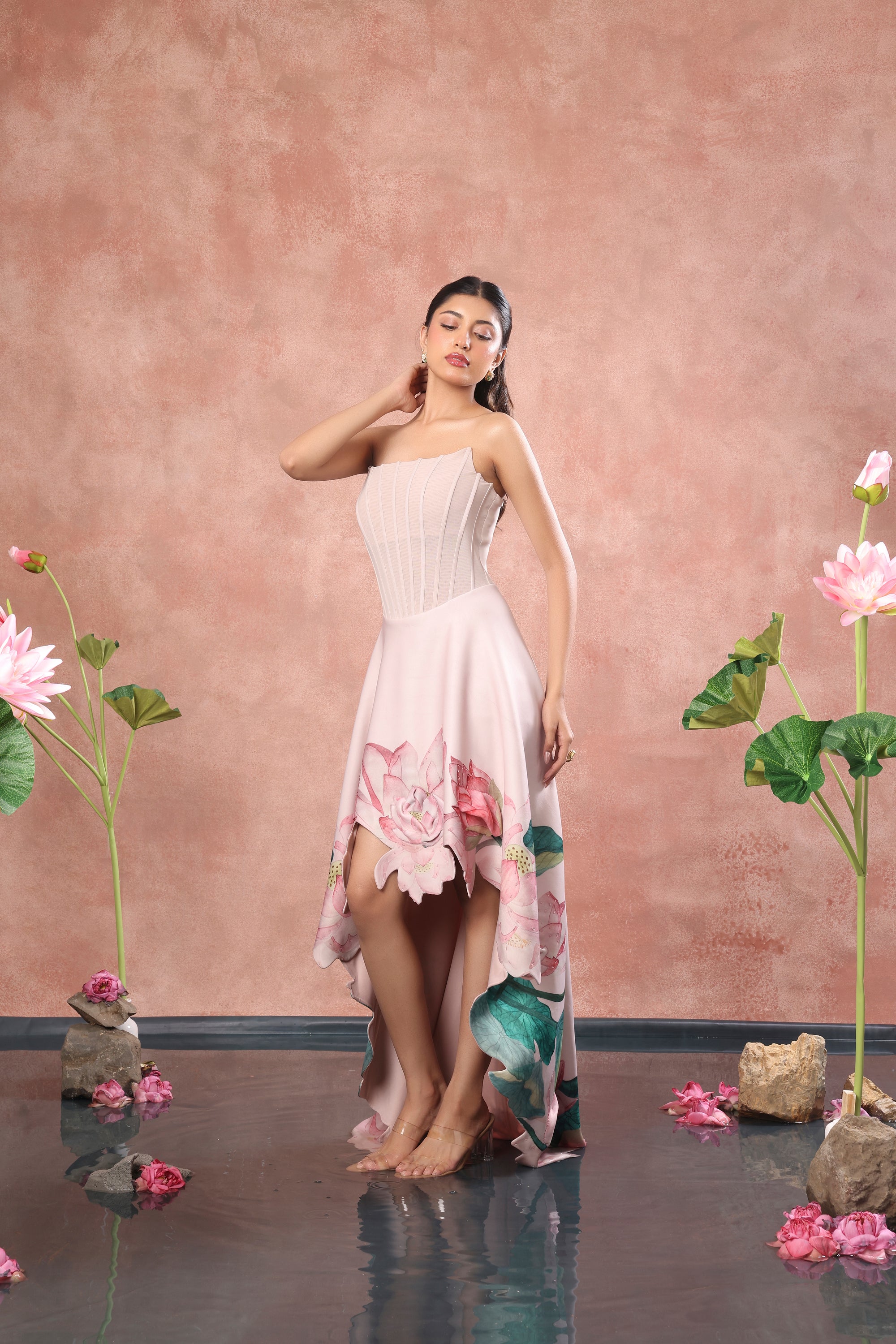 CORSET PRINTED HIGH LOW NEOPRENE DRESS WITH NET WRAP