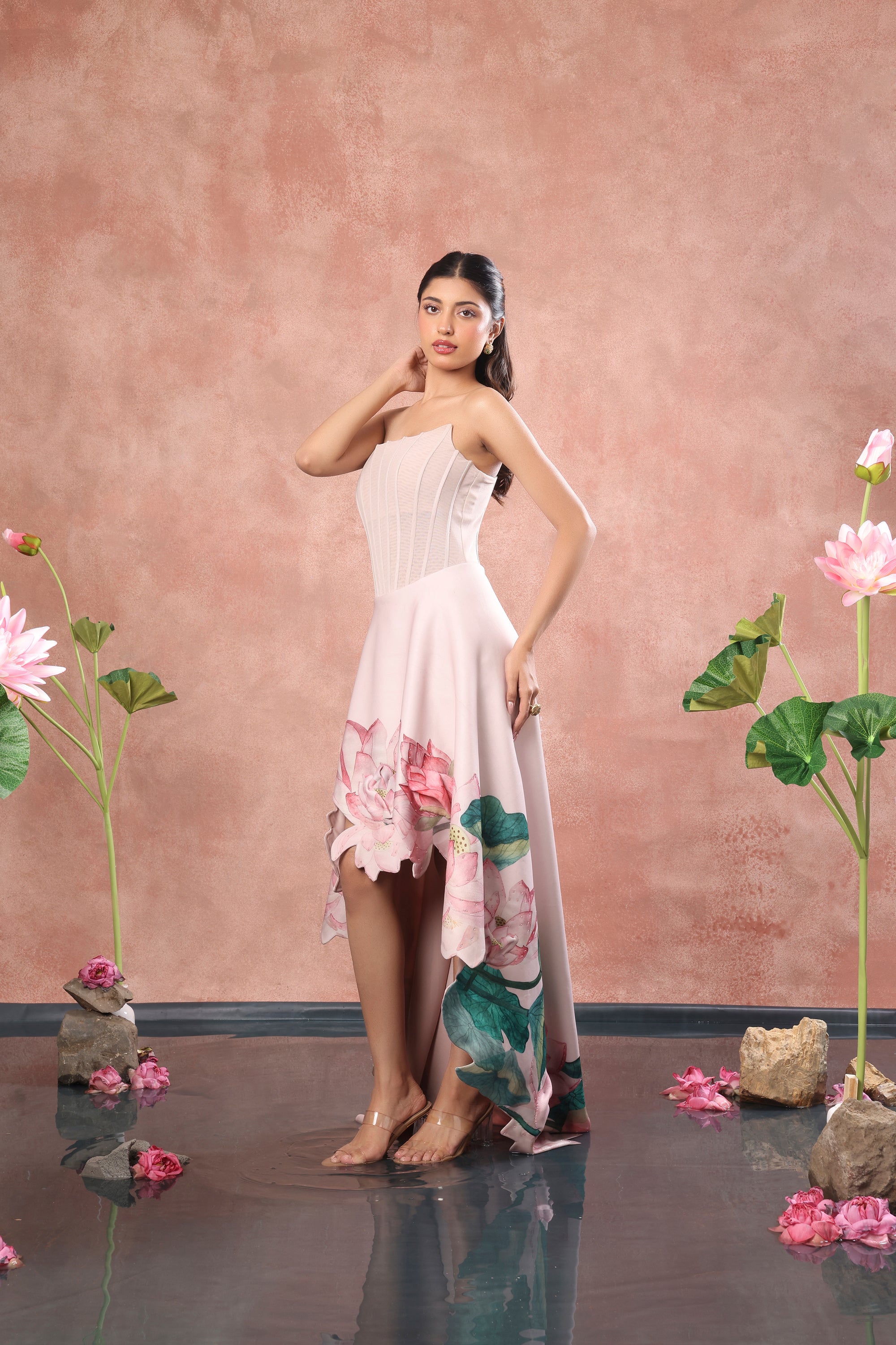 CORSET PRINTED HIGH LOW NEOPRENE DRESS