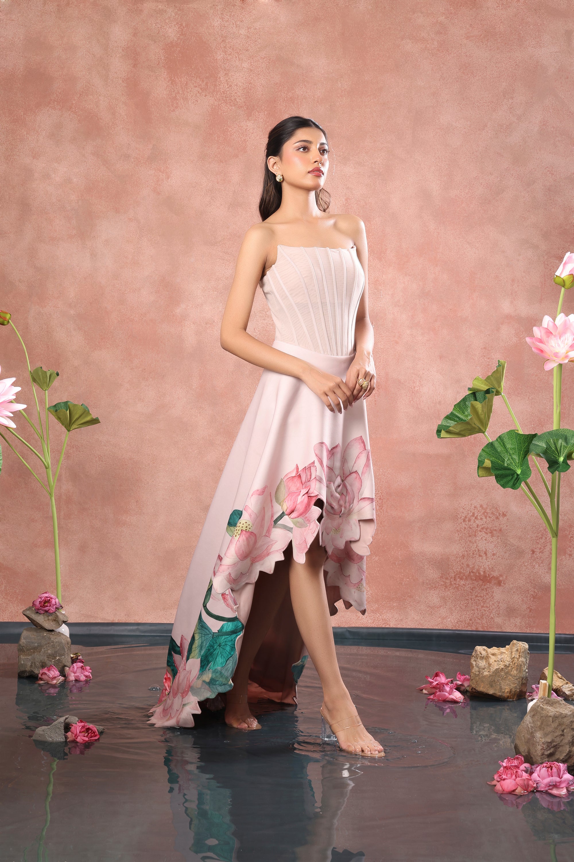 CORSET PRINTED HIGH LOW NEOPRENE DRESS WITH WRAP
