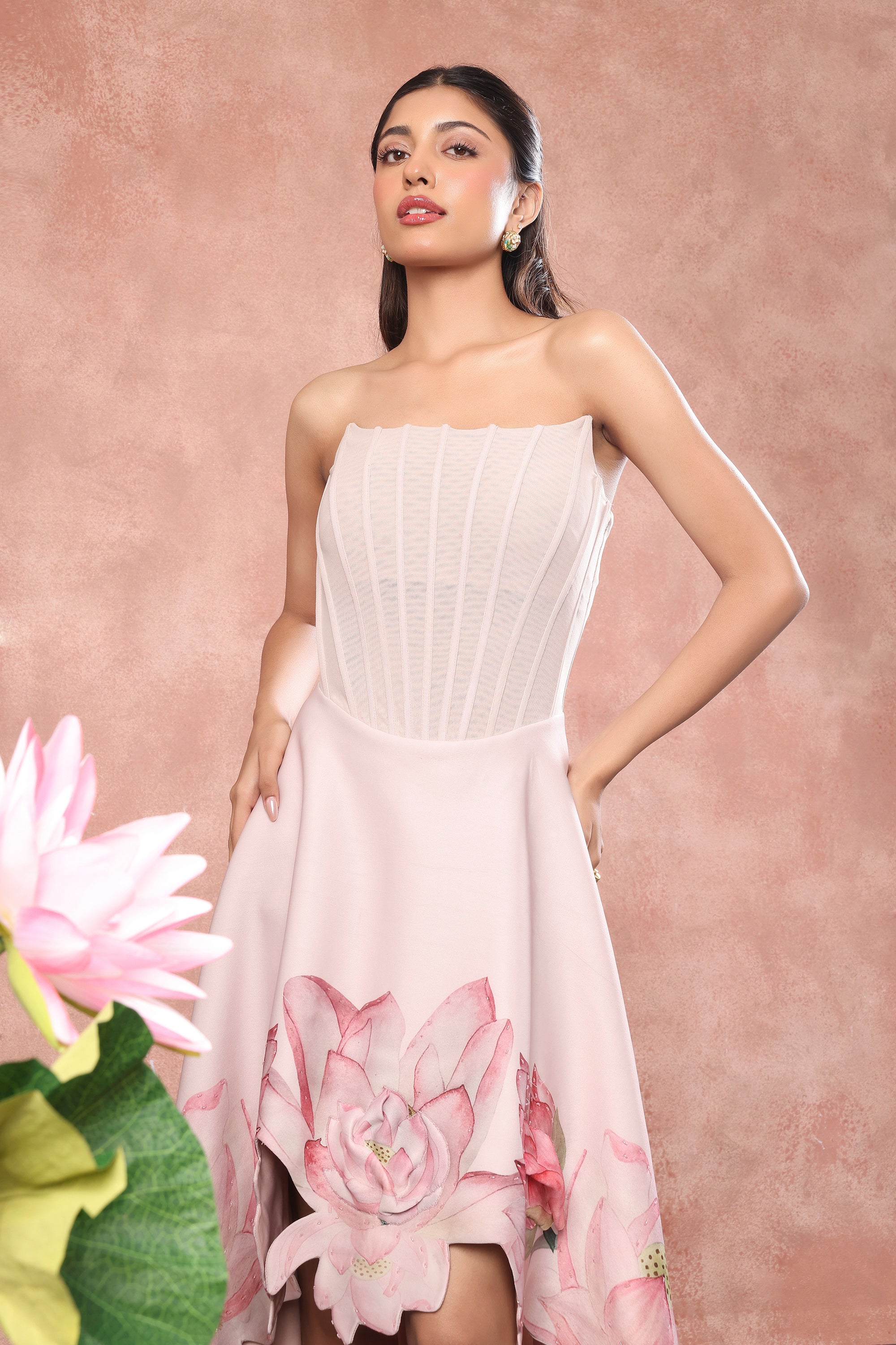 CORSET PRINTED HIGH LOW NEOPRENE DRESS