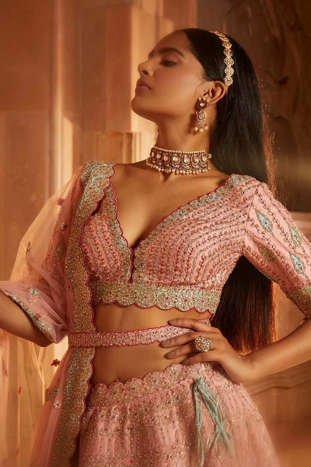 Peach Tafetta Lehenga Choli with a Worked Belt and Tulle Dupatta