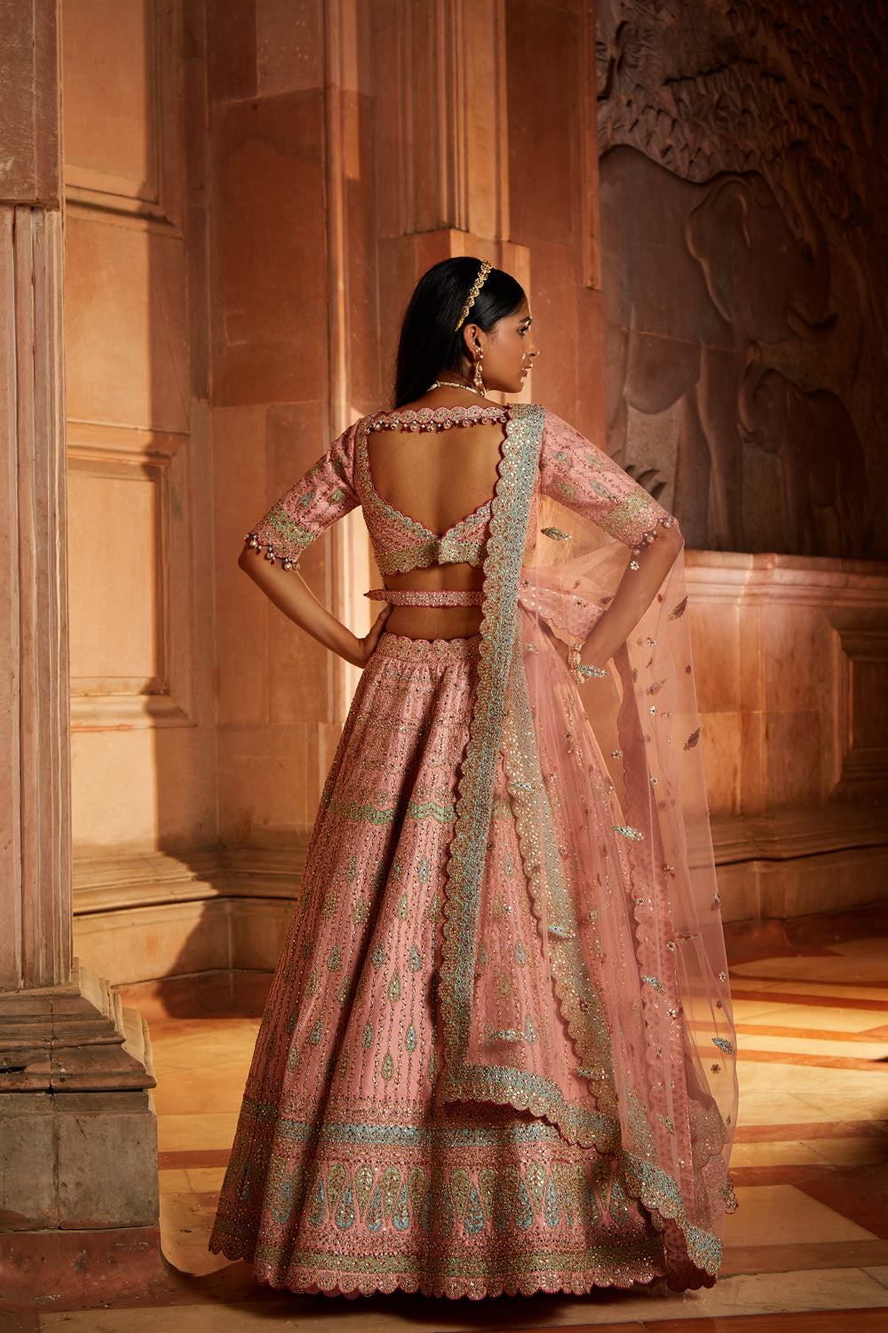 Peach Tafetta Lehenga Choli with a Worked Belt and Tulle Dupatta