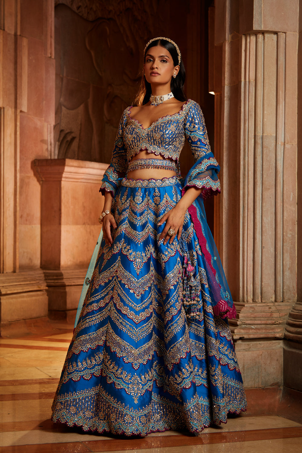 Peacock Blue Tafetta Lehenga Choli with a Tulle Dupatta and Belt