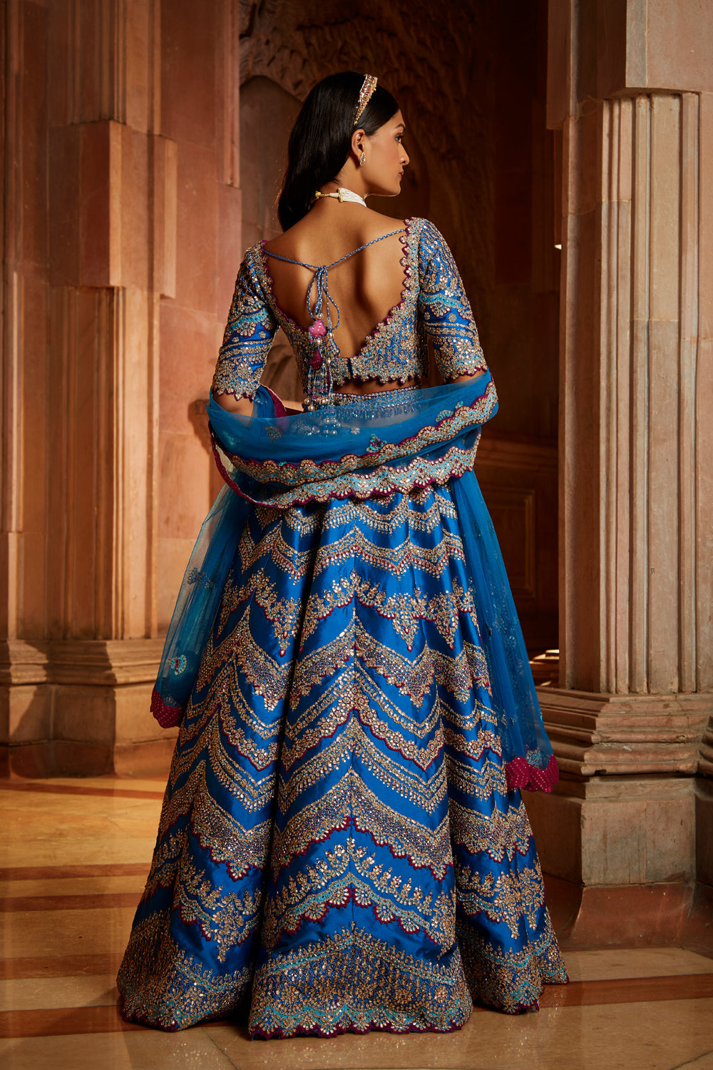 Peacock Blue Tafetta Lehenga Choli with a Tulle Dupatta and Belt