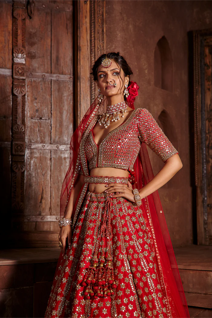 Red Raw Silk Lehenga Set