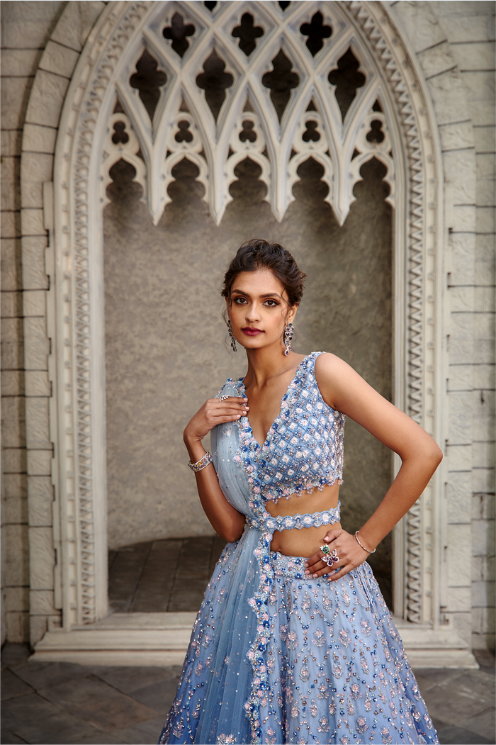 Blue Ombré Organza Lehenga Set