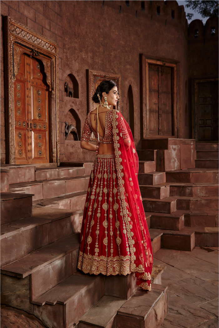 Red Raw Silk Lehenga Set