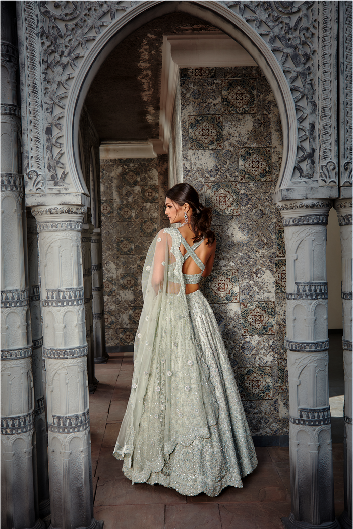 Sage Green Net Ari Lehenga Set