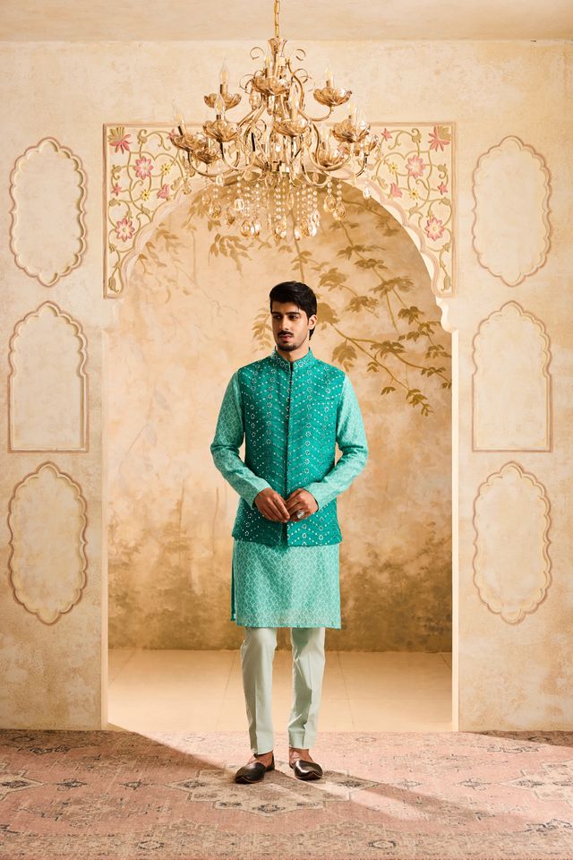 Teal mirrorwork Bundi jacket Kurta Trouser