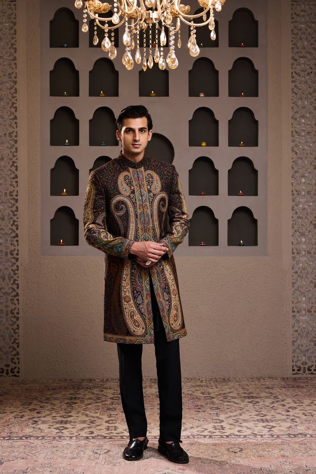 Jamawar Achkan Black Kurta Trouser