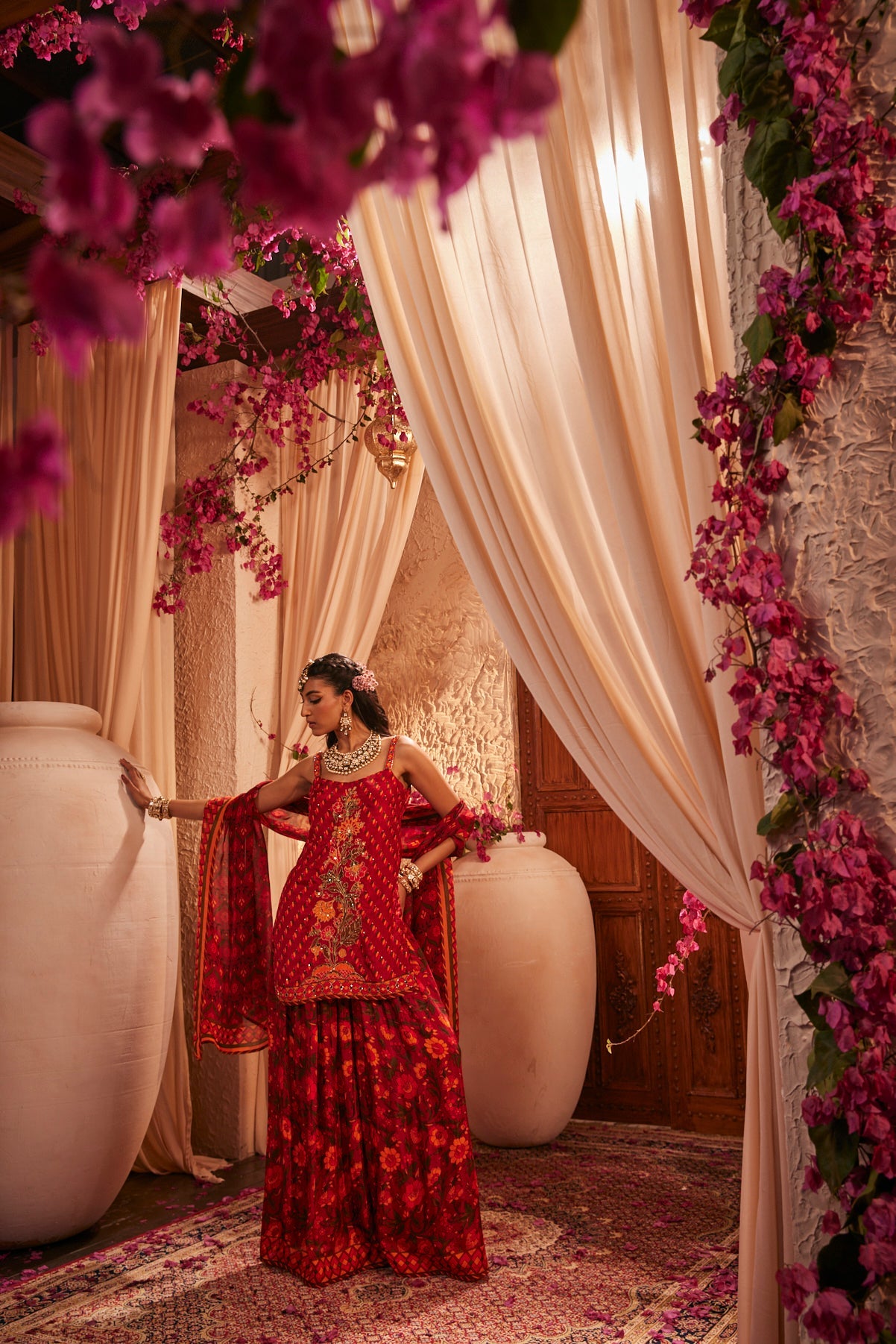 Gharara Set With Strappy Kurti And Floral Motif