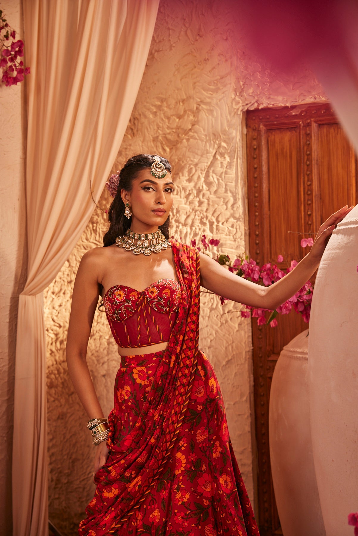 Corset Blouse With Fluid Draped Saree Set
