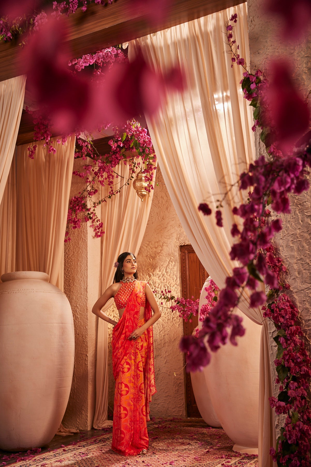 Sunset Blaze Draped Saree With Halter Blouse