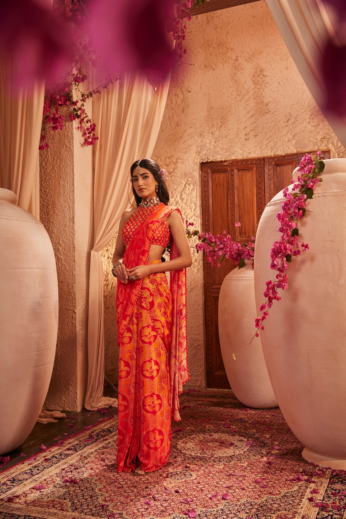 Sunset Blaze Draped Saree With Halter Blouse