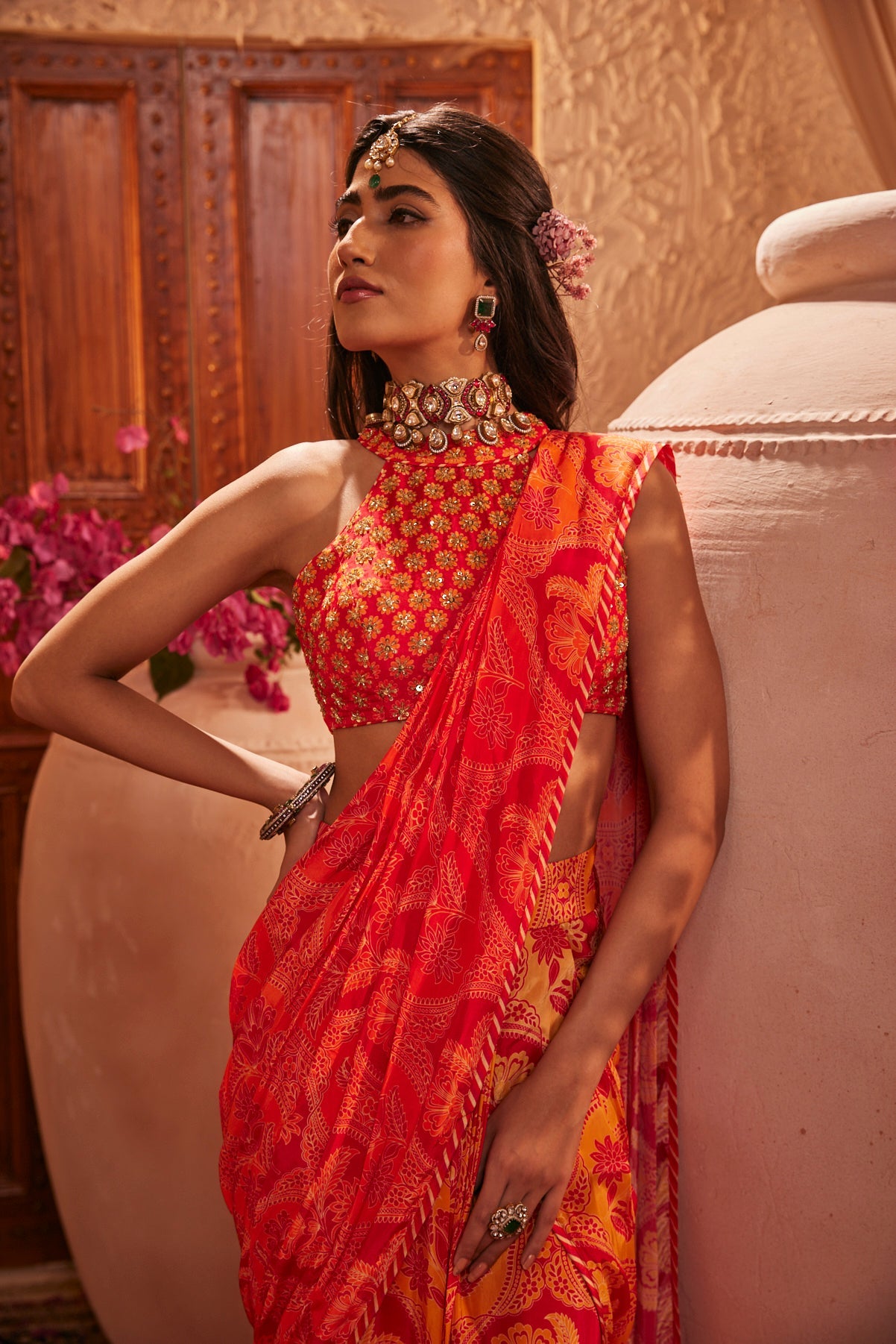 Sunset Blaze Draped Saree With Halter Blouse