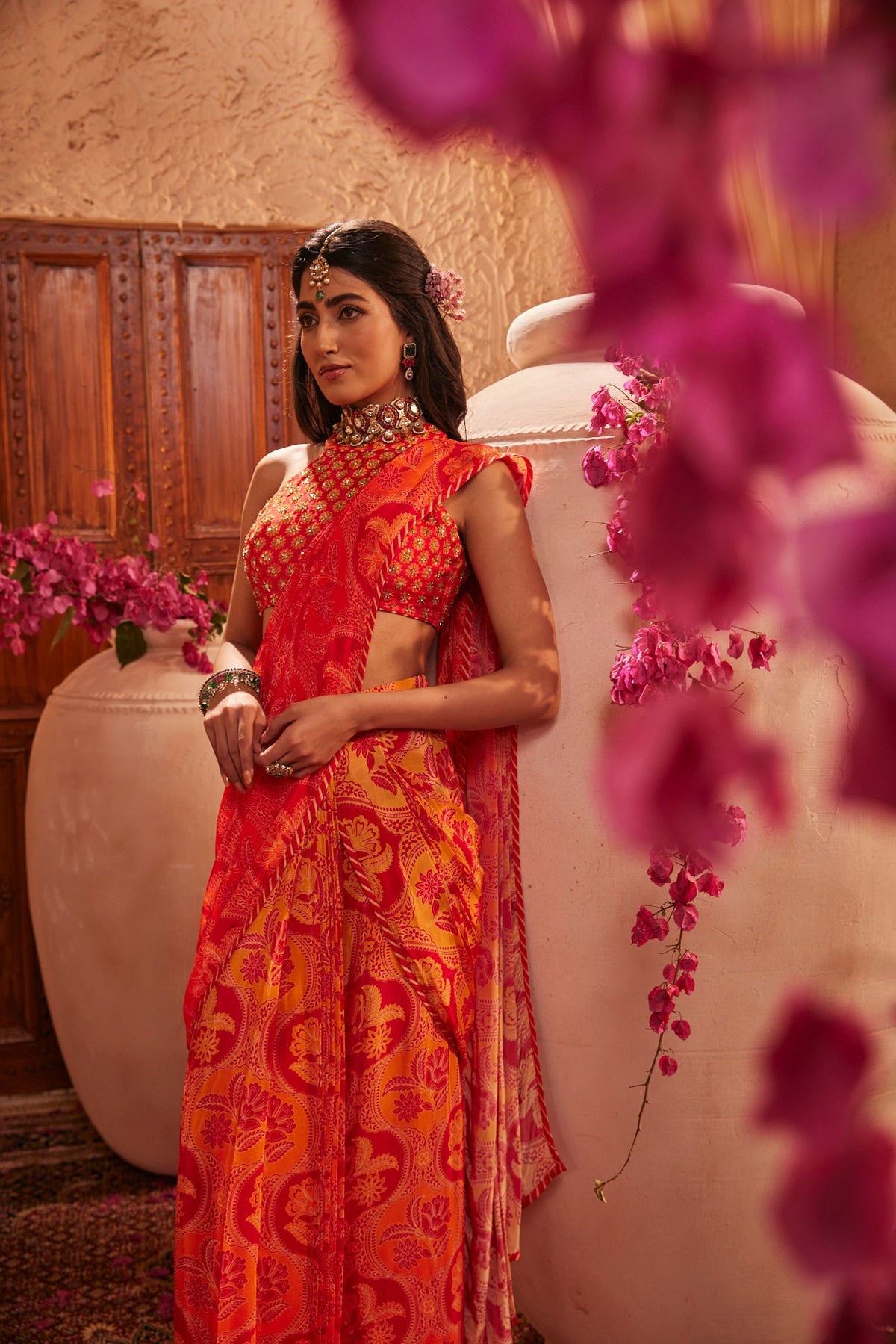 Sunset Blaze Draped Saree With Halter Blouse